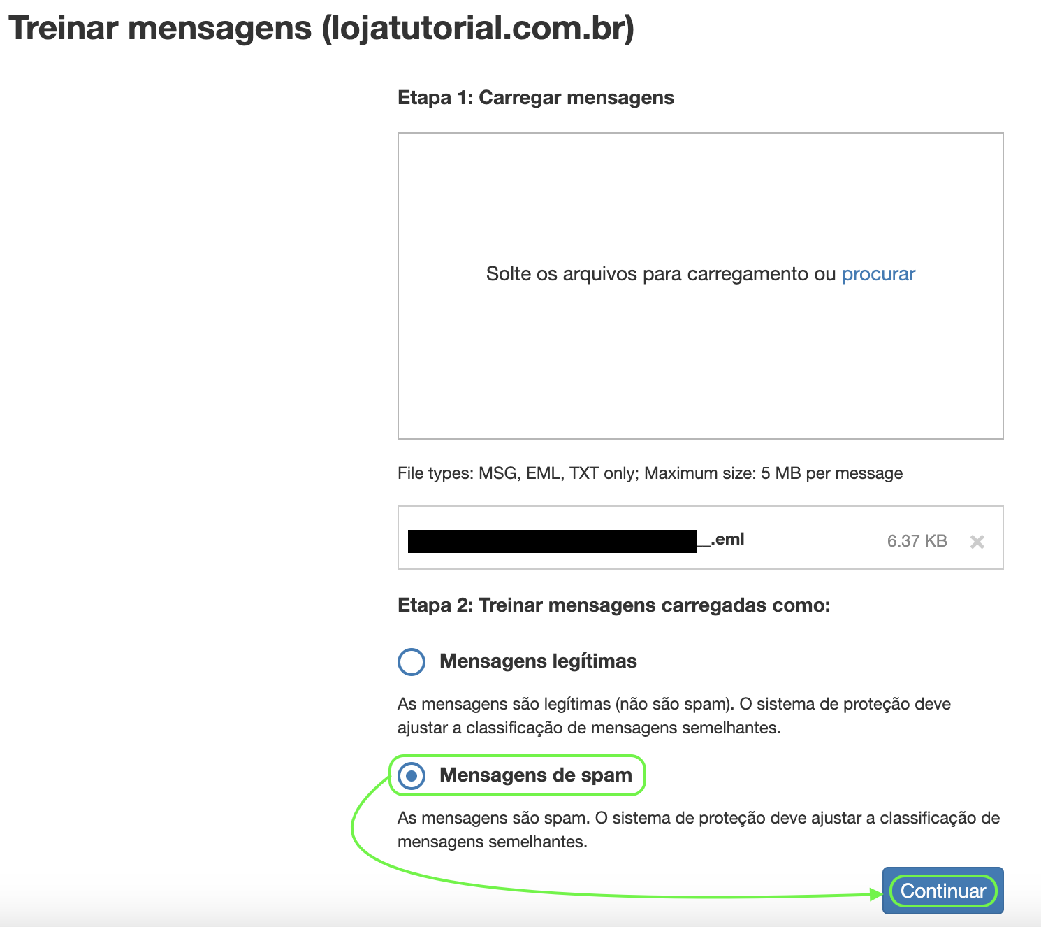 Representação da localização da opção "Mensagens de spam" e do botão "Continuar"