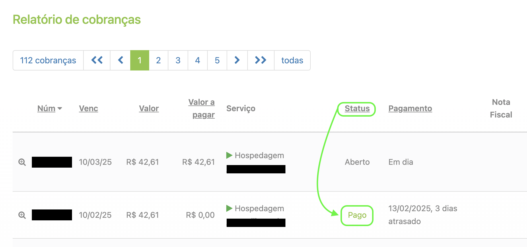 Representação da sessão de cobrança, mostrando o status de uma cobrança como Pago