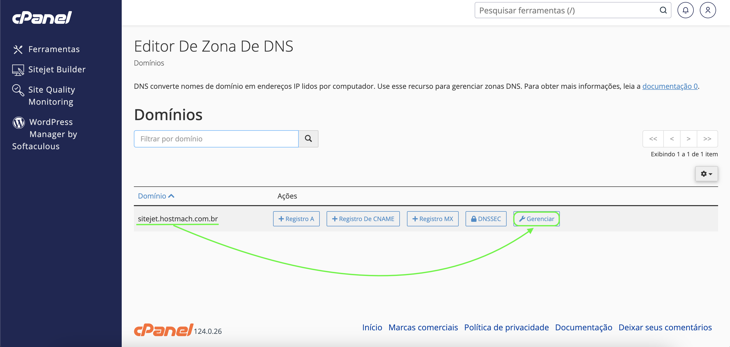 Representação da localização do botão "Gerenciar"