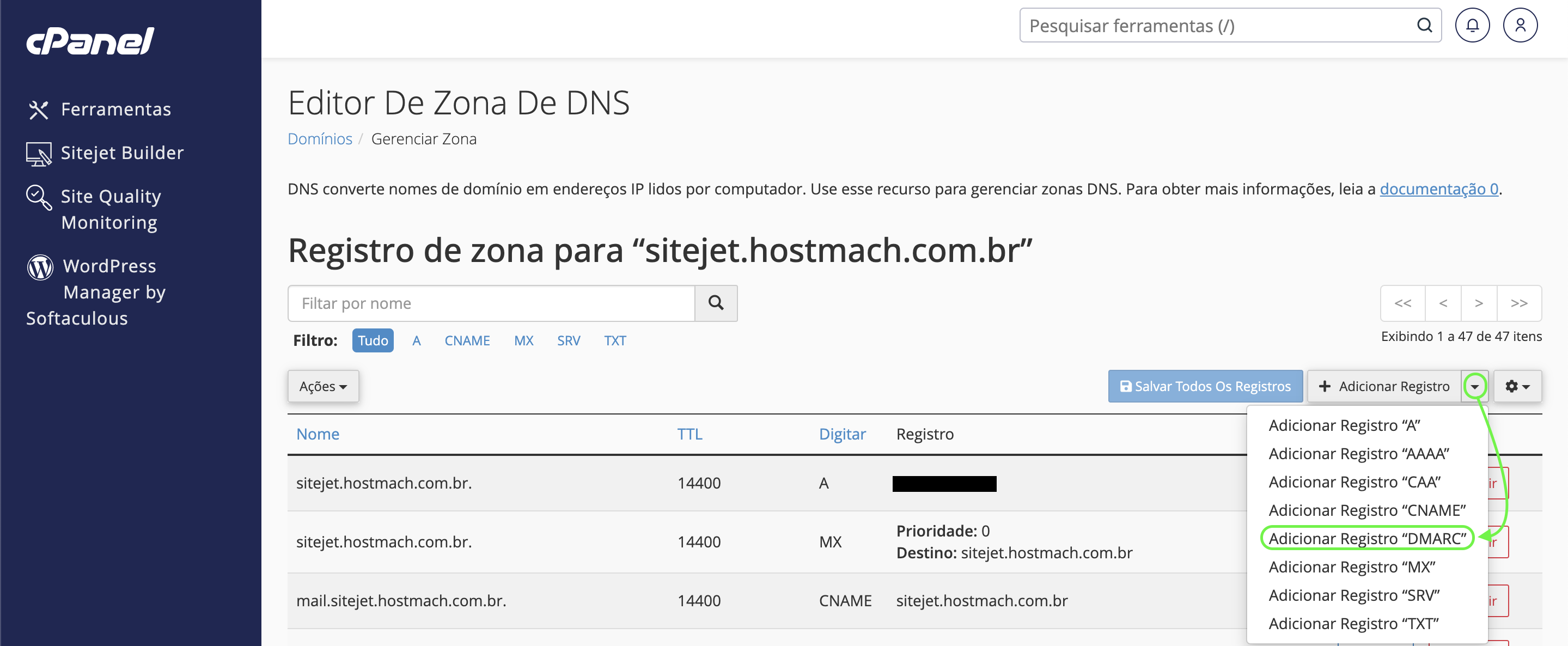 Representação da localização da seta e da opção "Adicionar registro DMARC"