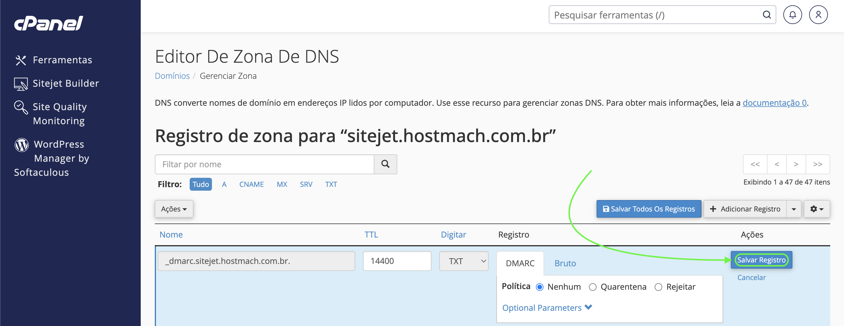 Representação da localização do botão "Salvar registro"