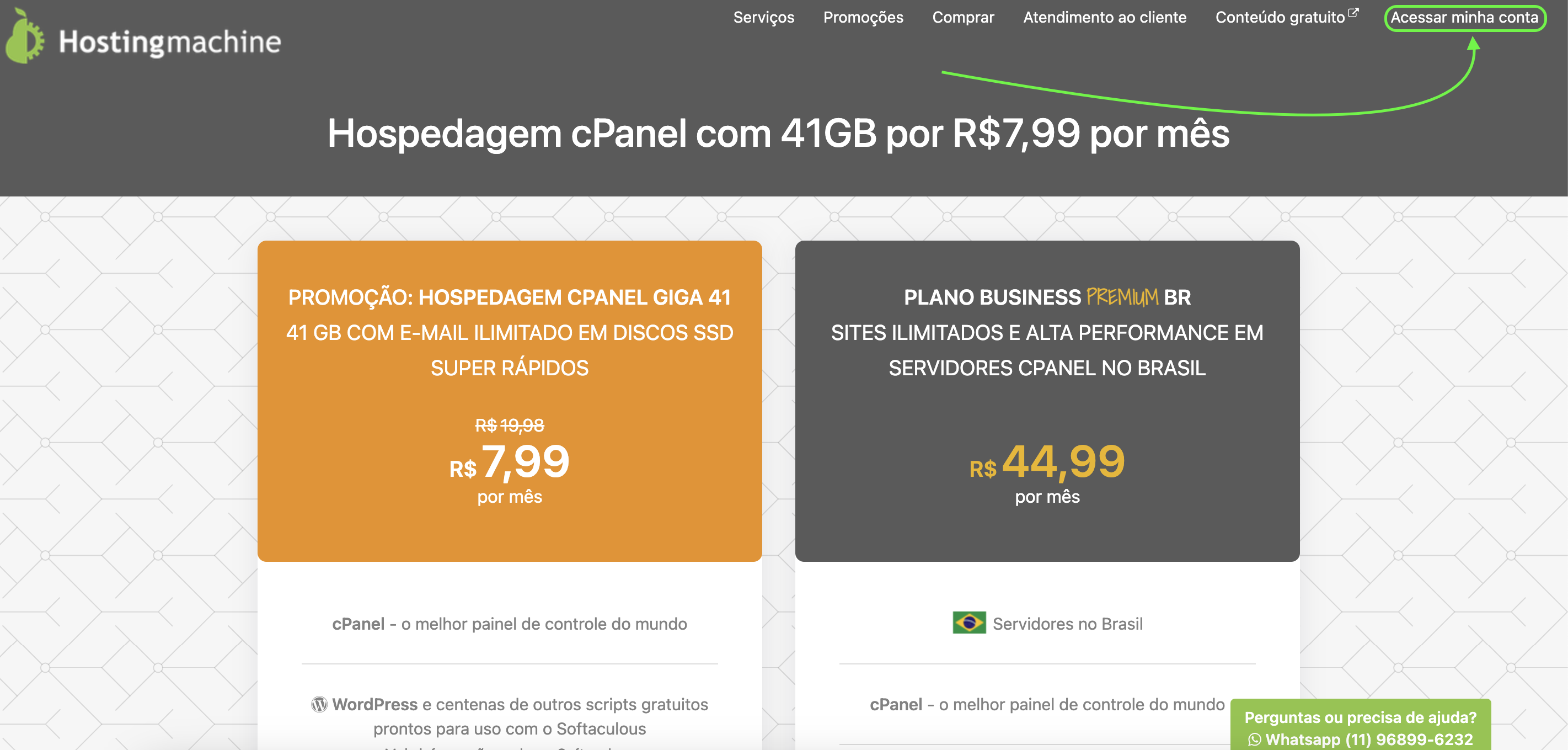 Representação da localização da área "Acessar minha conta"