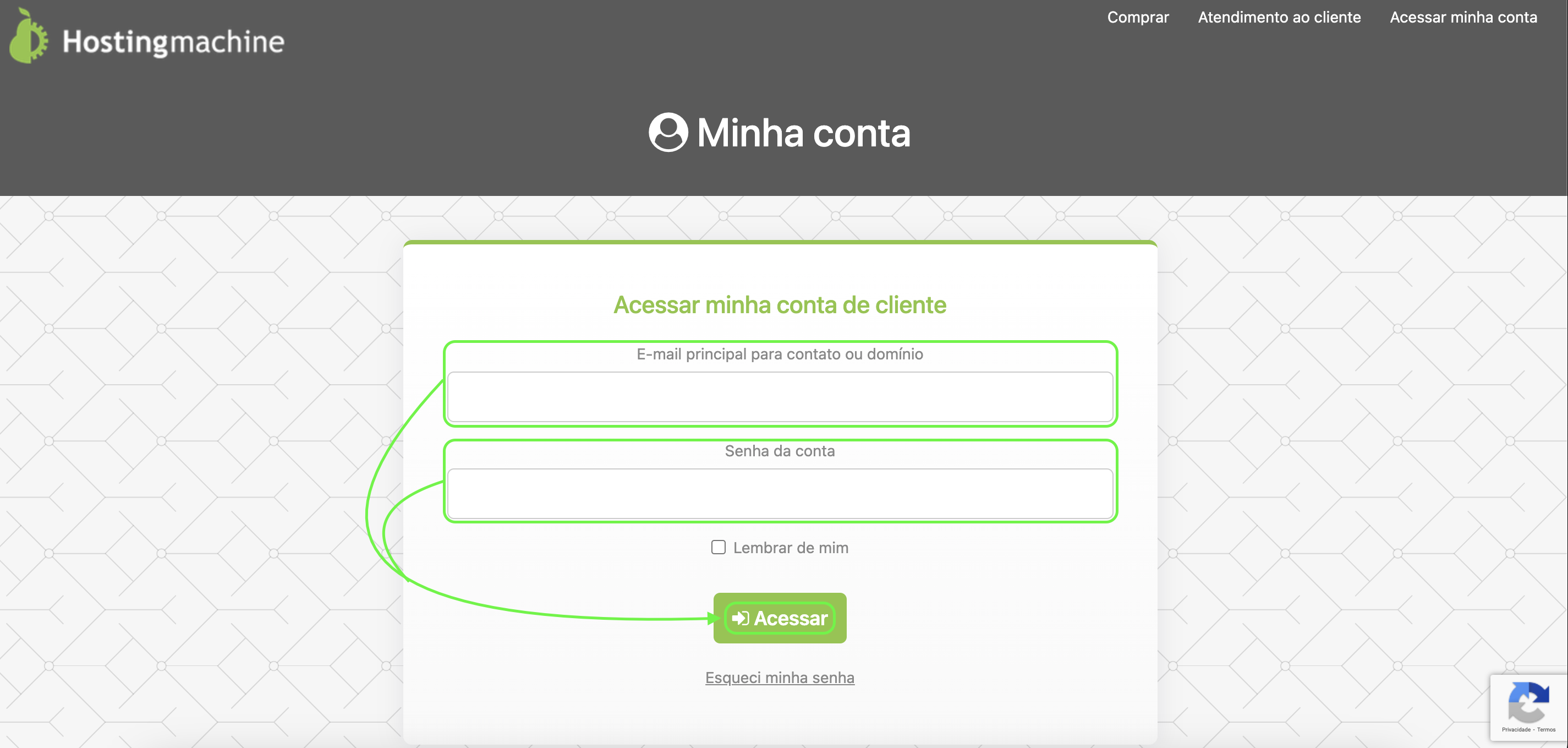 Representação dos campos de e-mail do titular e senha, e a localização do botão acessar