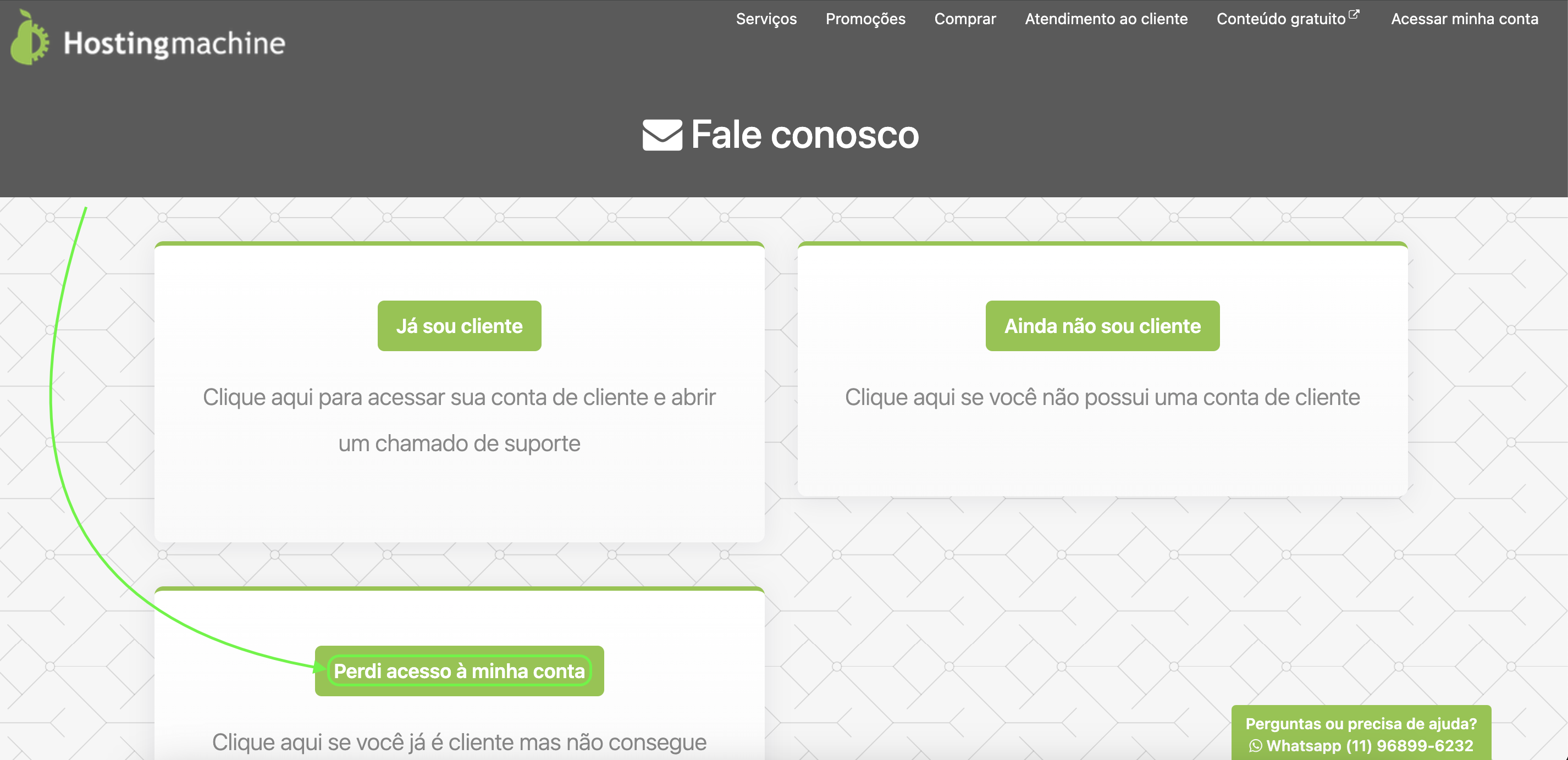 Representação da localização do botão "Perdi acesso à minha conta"