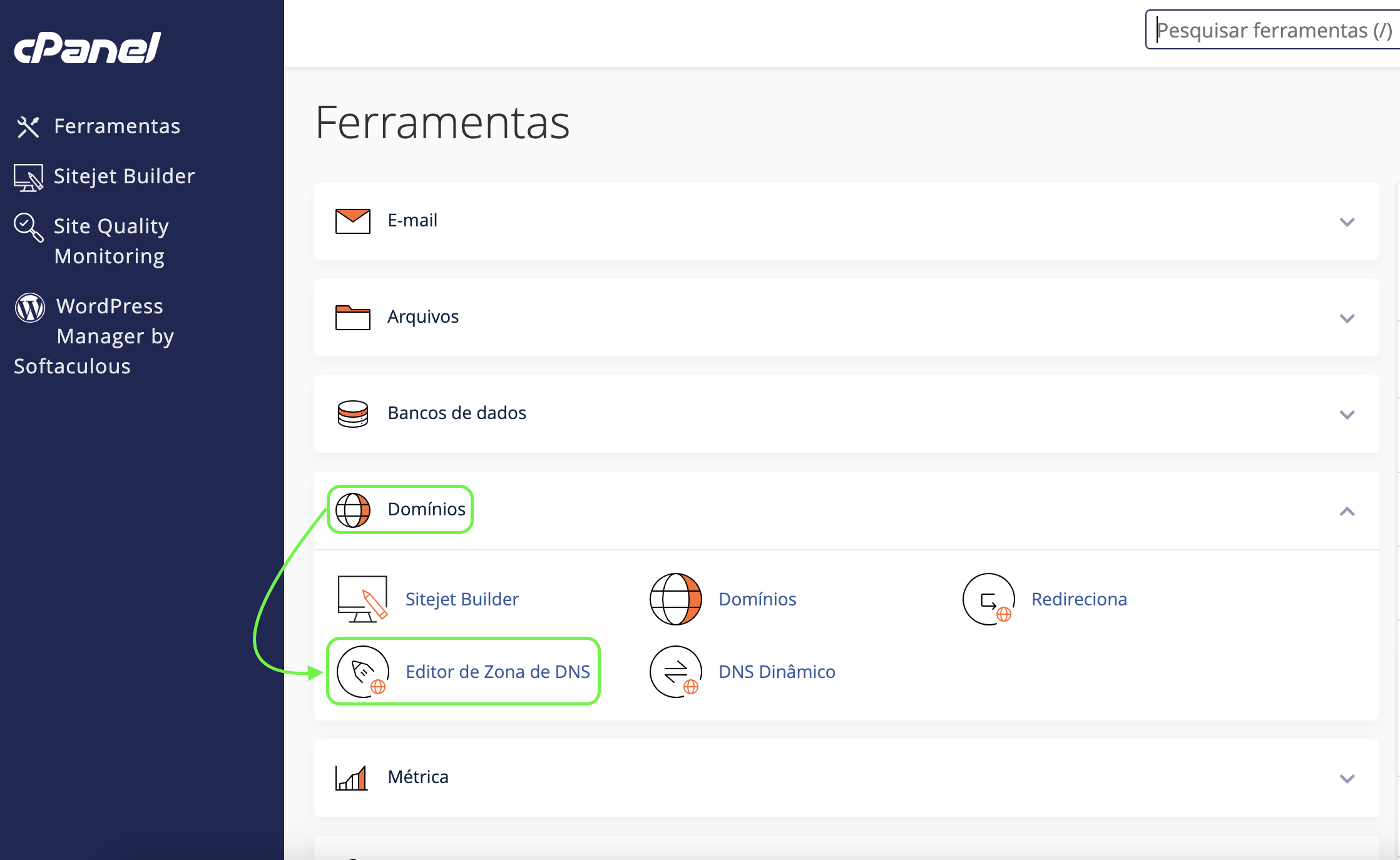 Representação da localização da opção "Editor de Zona de DNS"