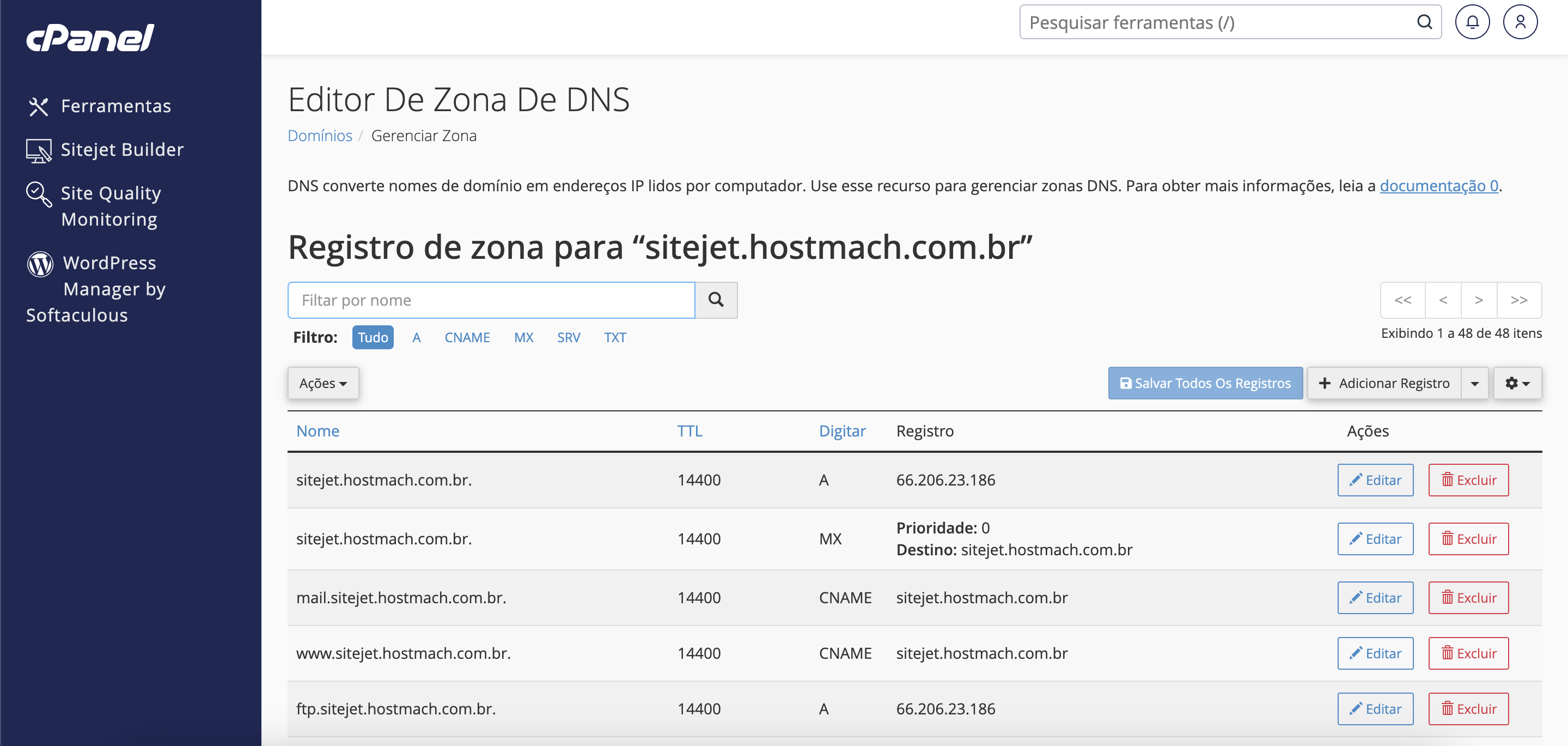 Representação da lista de registro de zona de DNS