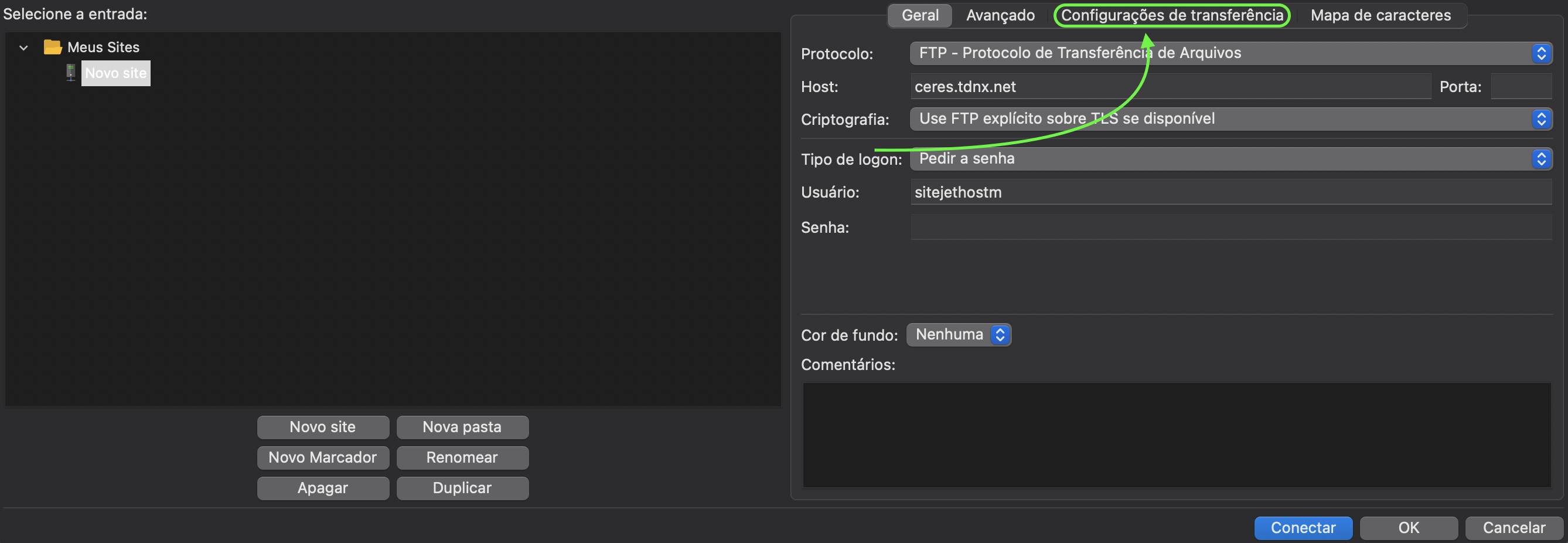 Localização da aba "Configurações de transferência"