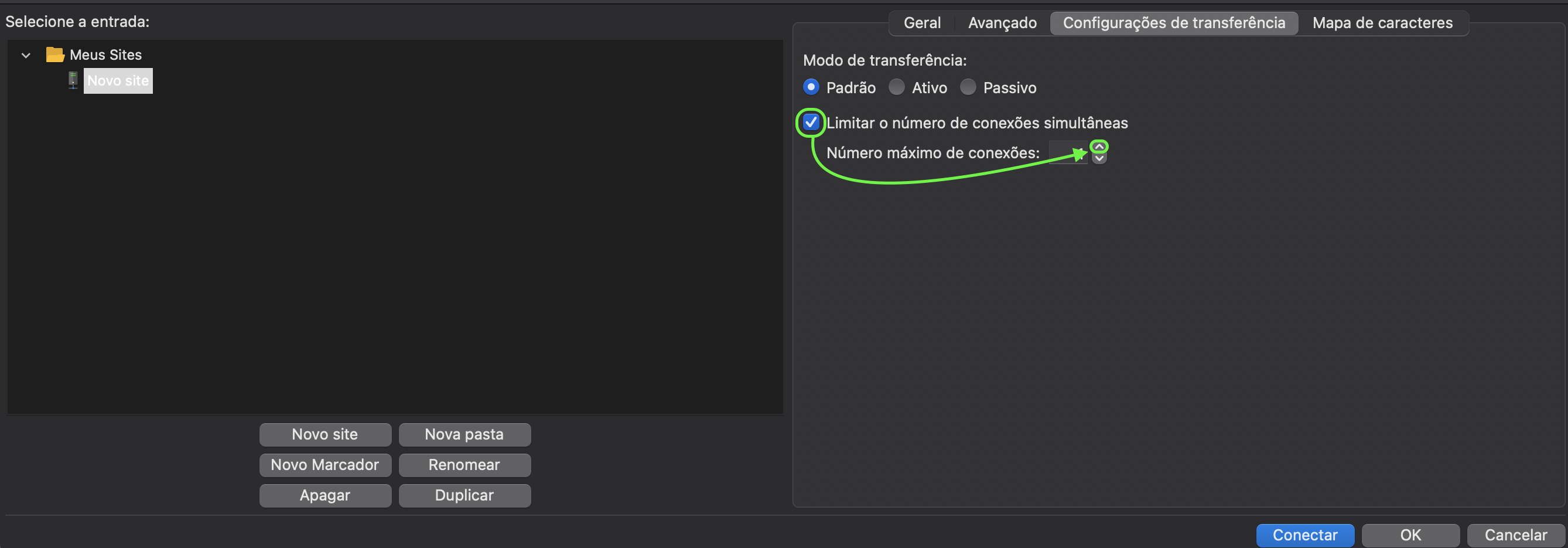 Representação da opção de limites de transferências simultâneas e botão para definir a quantidade das transferências 