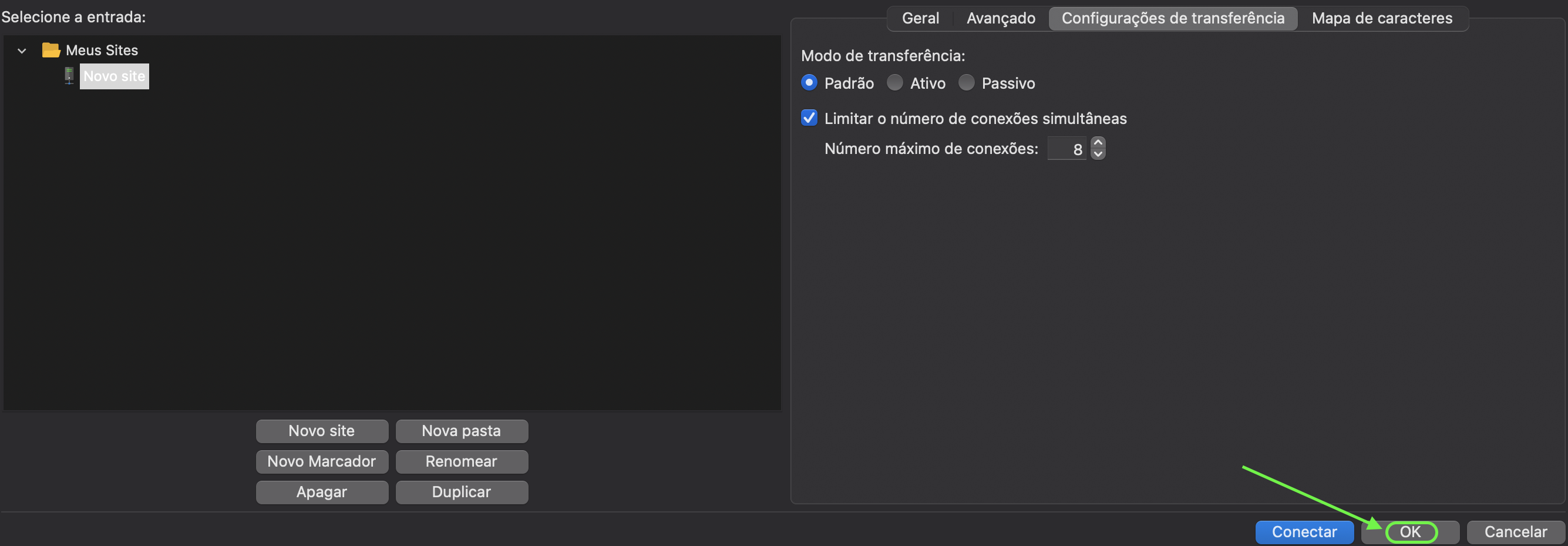 Localização do botão "OK" para salvar alterações 
