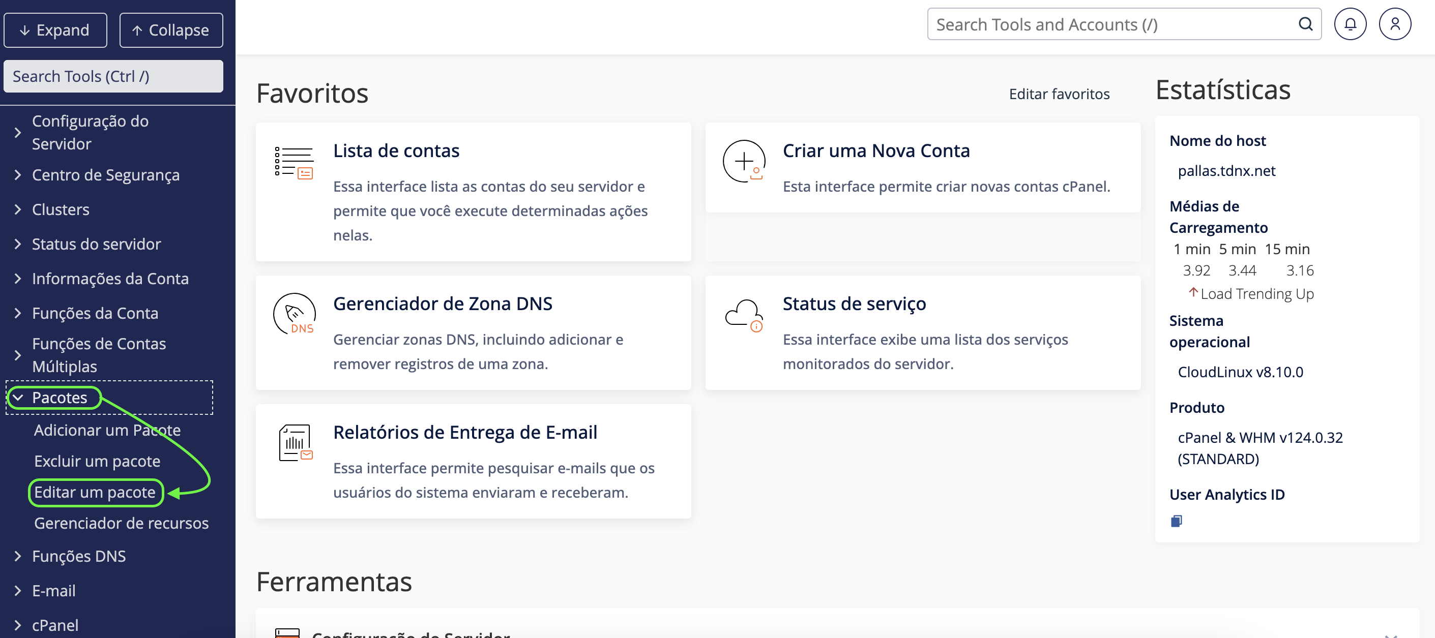 Representação da localização da opção "Editar pacote"