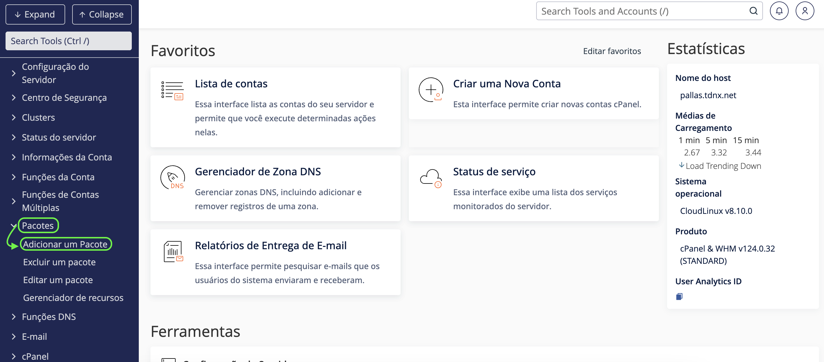 Representação da localização da opção "Adicionar pacote"