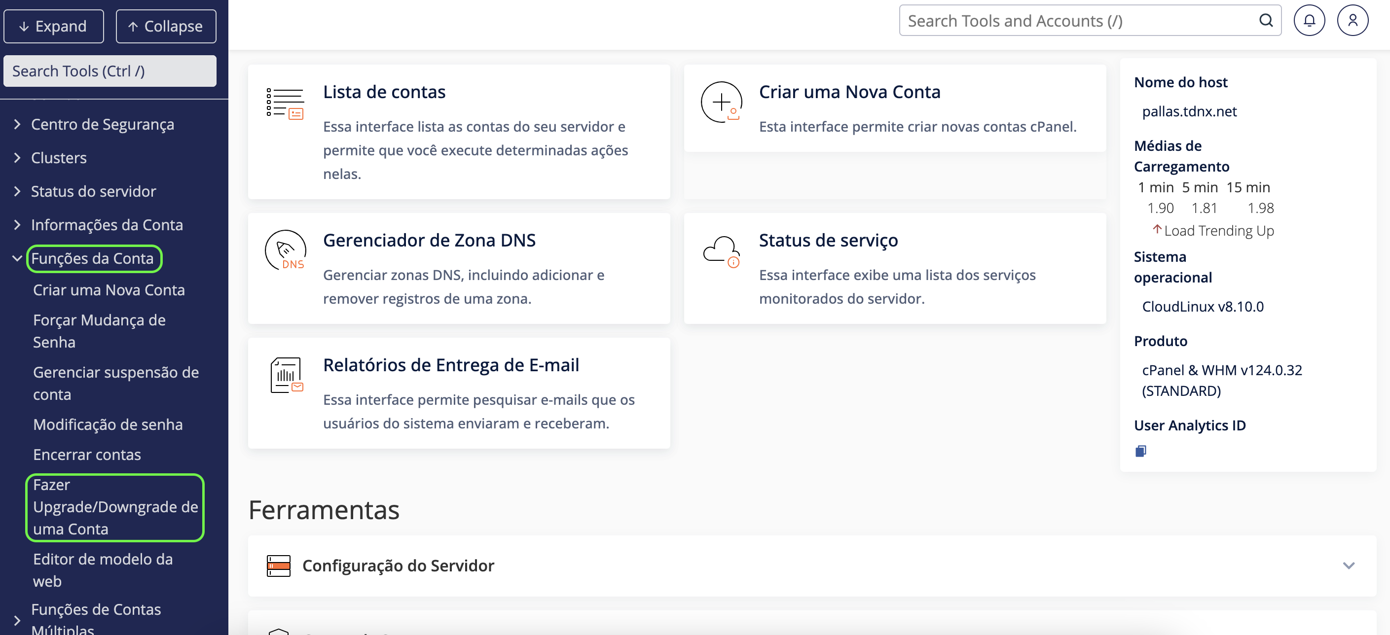 Representação da localização da opção "Fazer Upgrade/Downgrade de uma conta"
