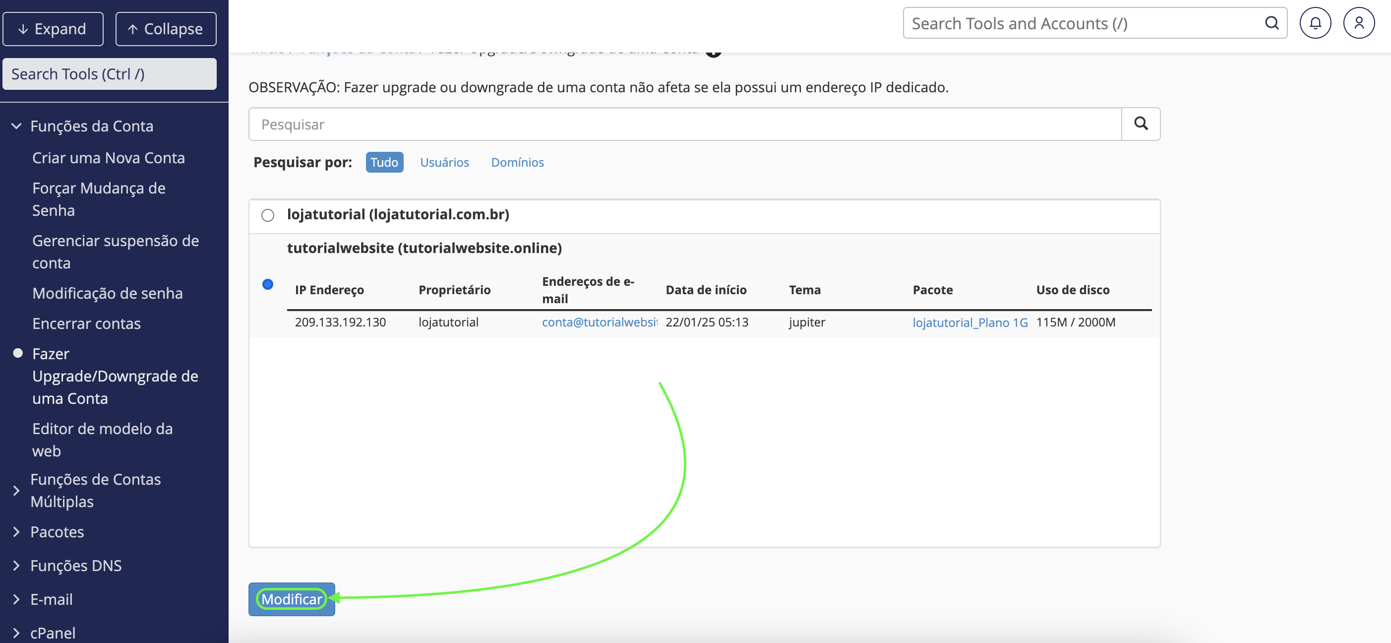 Representação da localização da opção "Modificar"