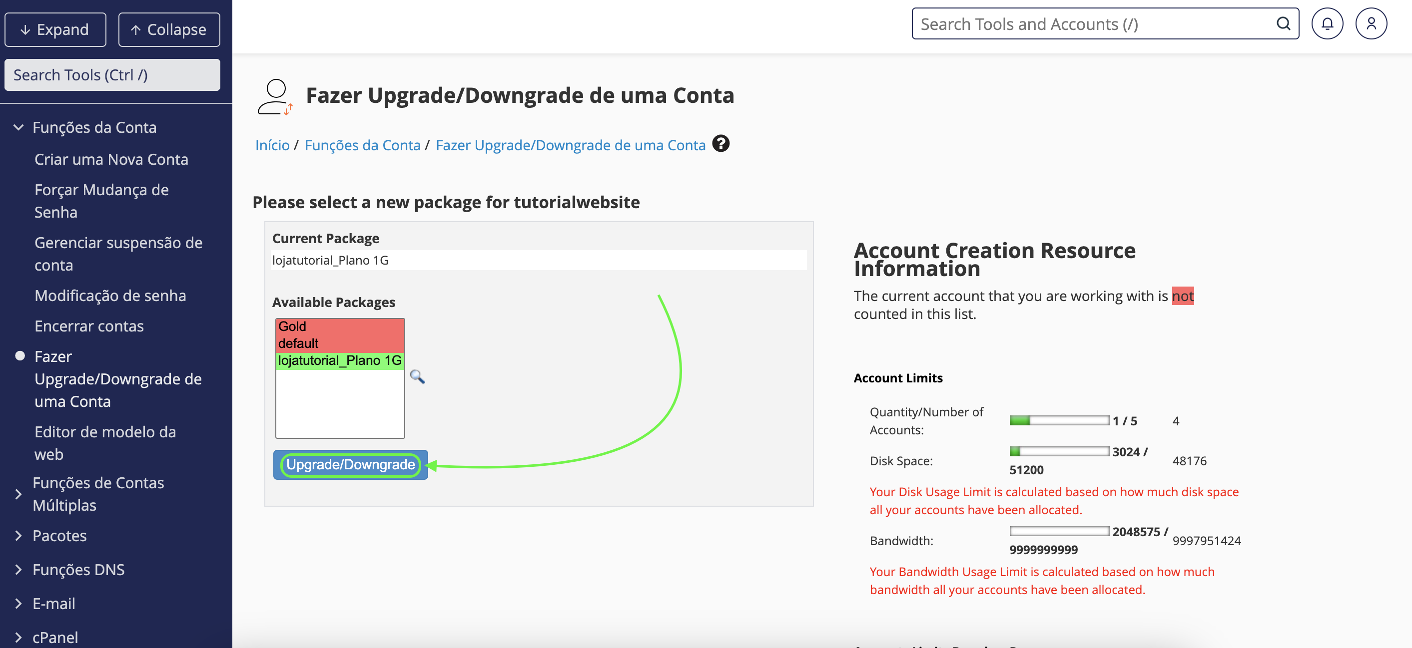 Representação da localização da opção "Upgrade/Downgrade"