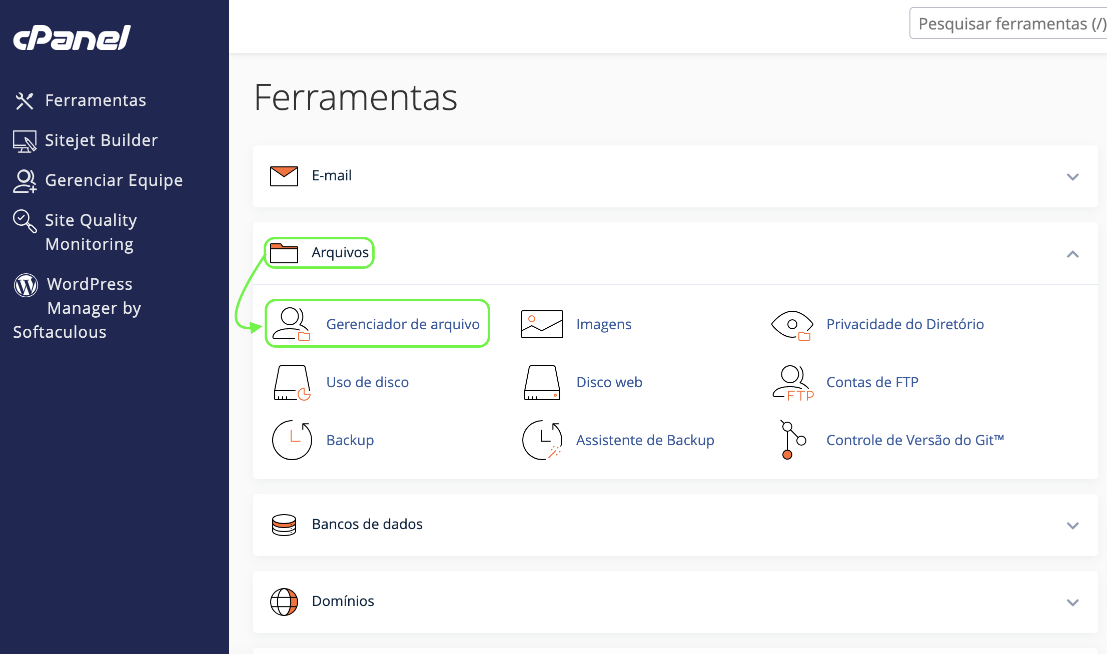 Representação da localização da opção "Gerenciador de arquivo"