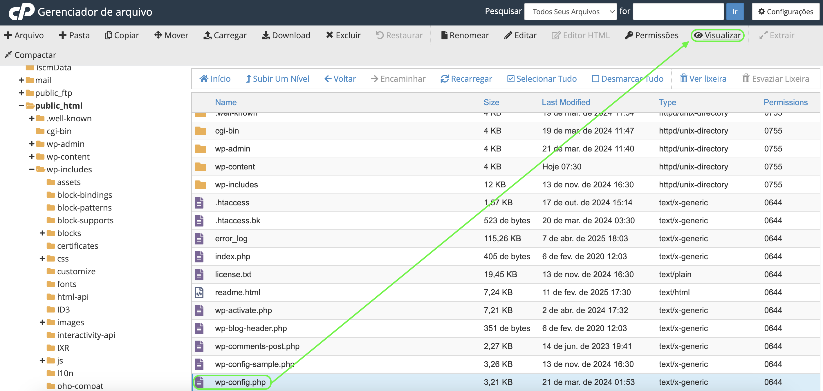 Representação de como visualizar o arquivo wp-config.php