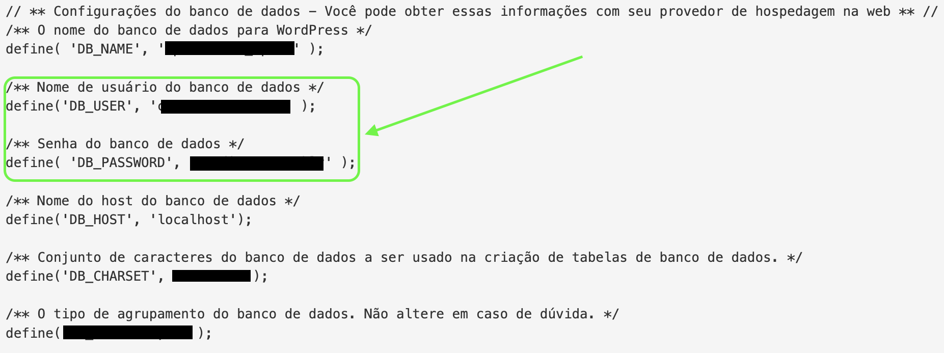 Localização do usuário e da senha do banco de dados