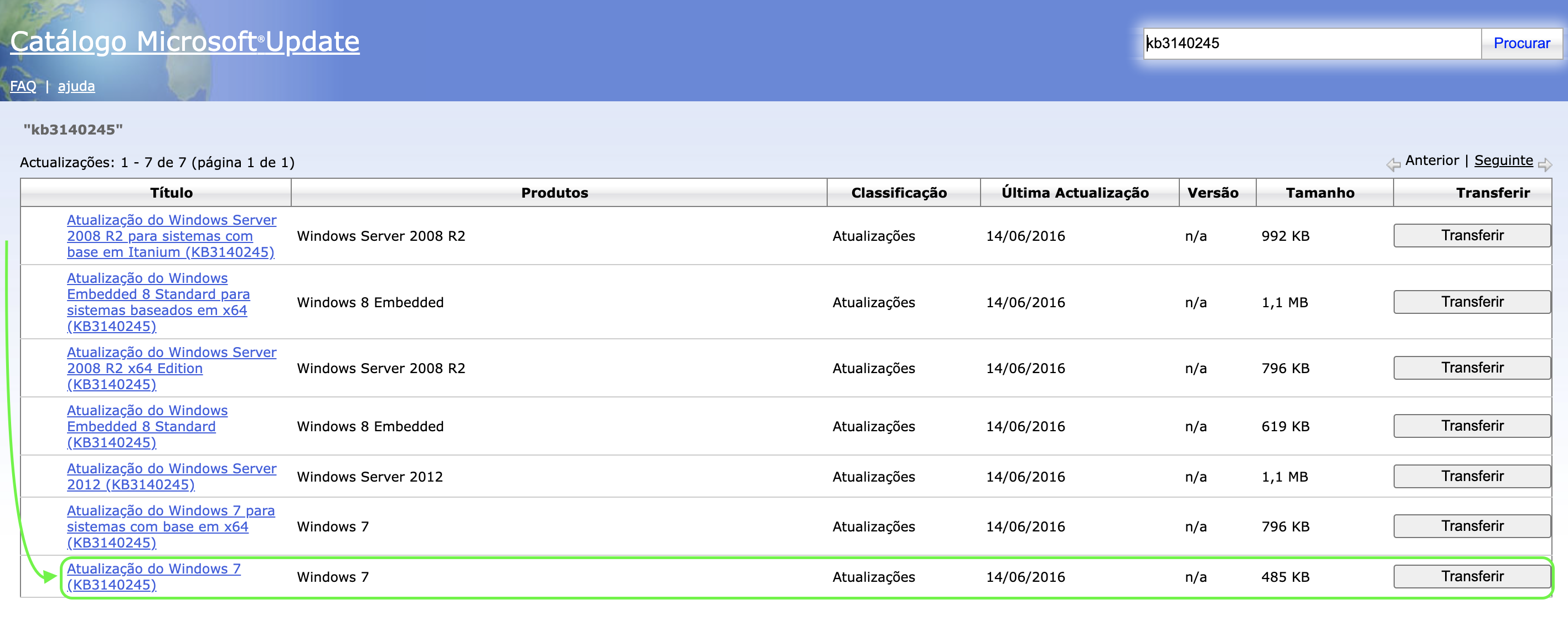 Representação da localização da atualização do Windows KB3140245