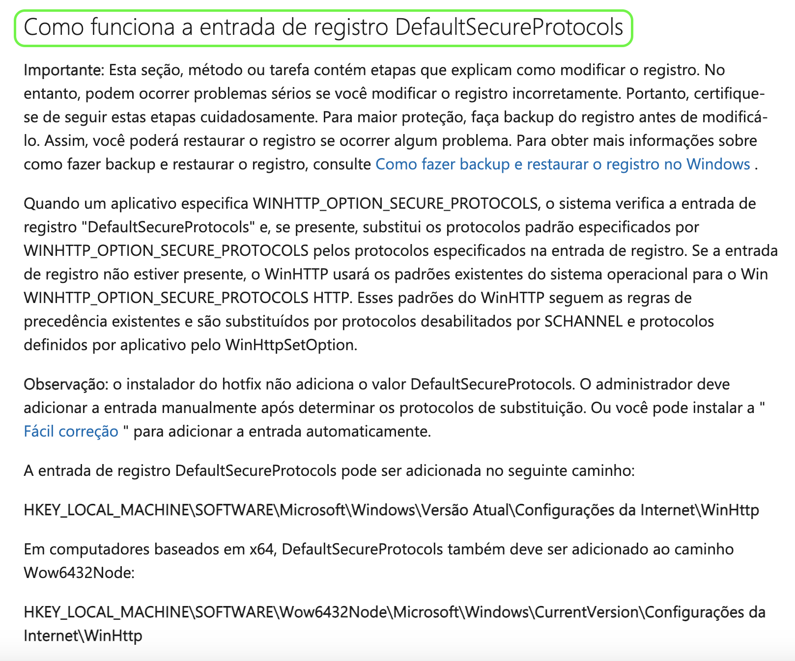 Representação da localização da seção "Como funciona a entrada do Registro DefaultSecureProtocols"