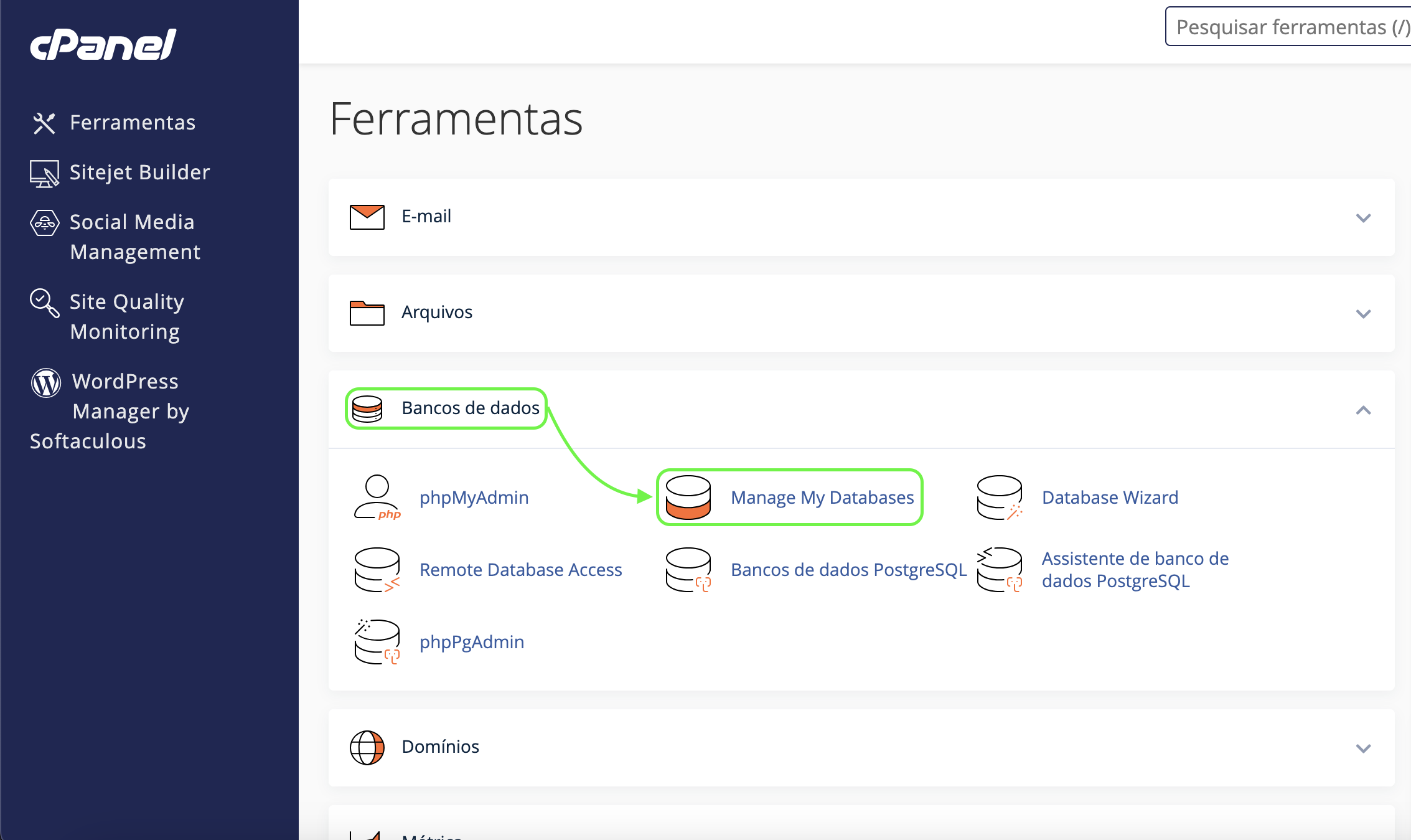 Representação da localização da opção "Manage my databases"