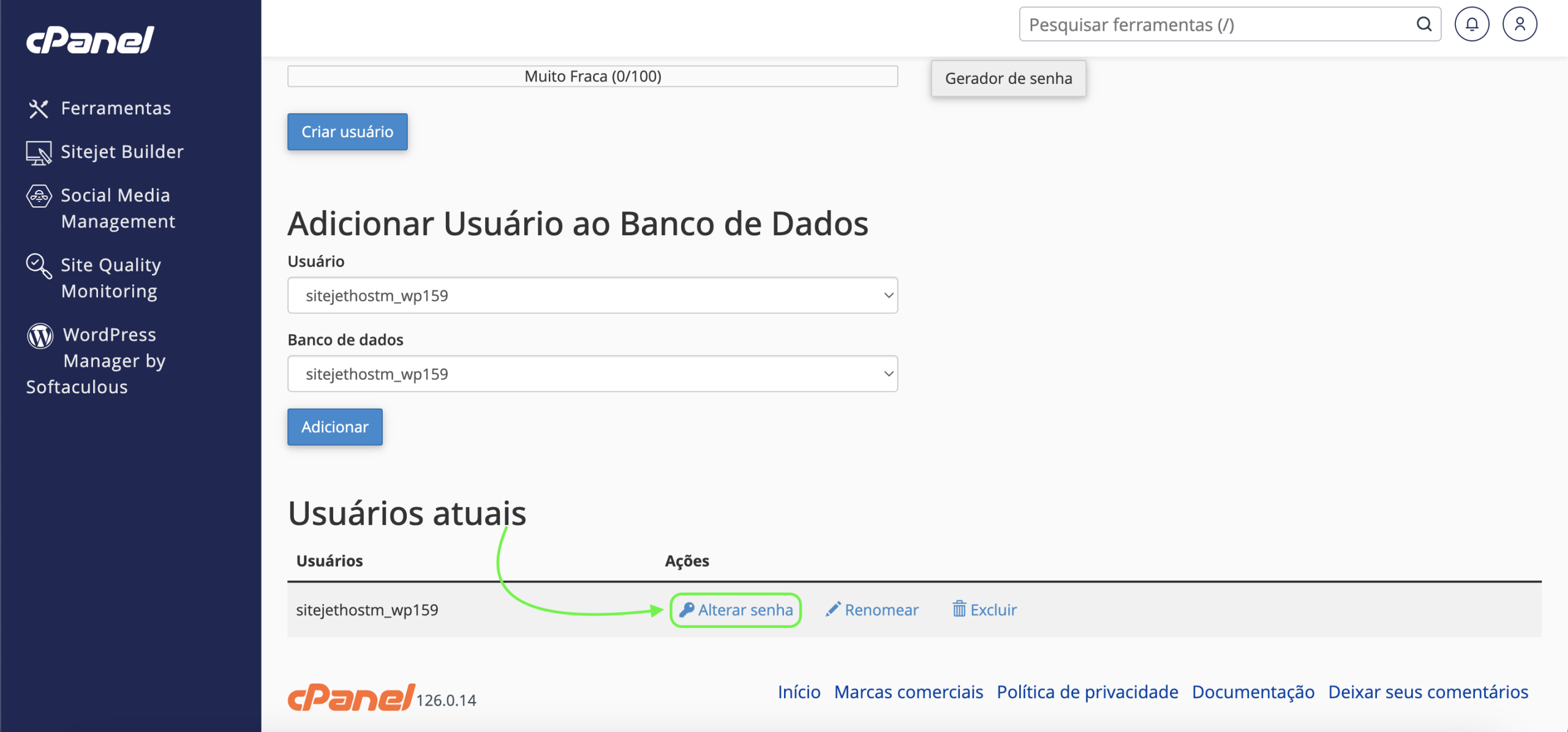 Representação da localização de "Alterar senha"