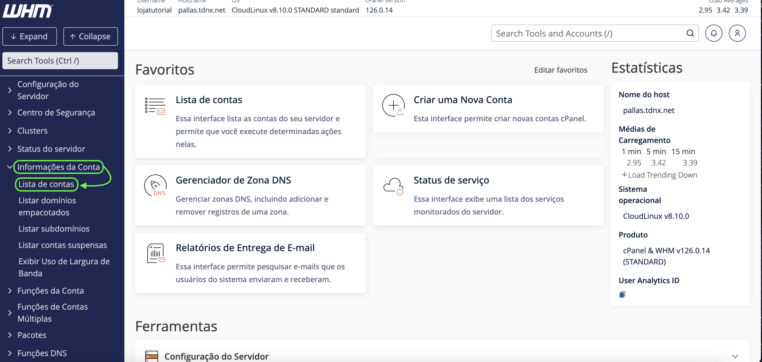 Representação da localização da opção "Lista de contas"