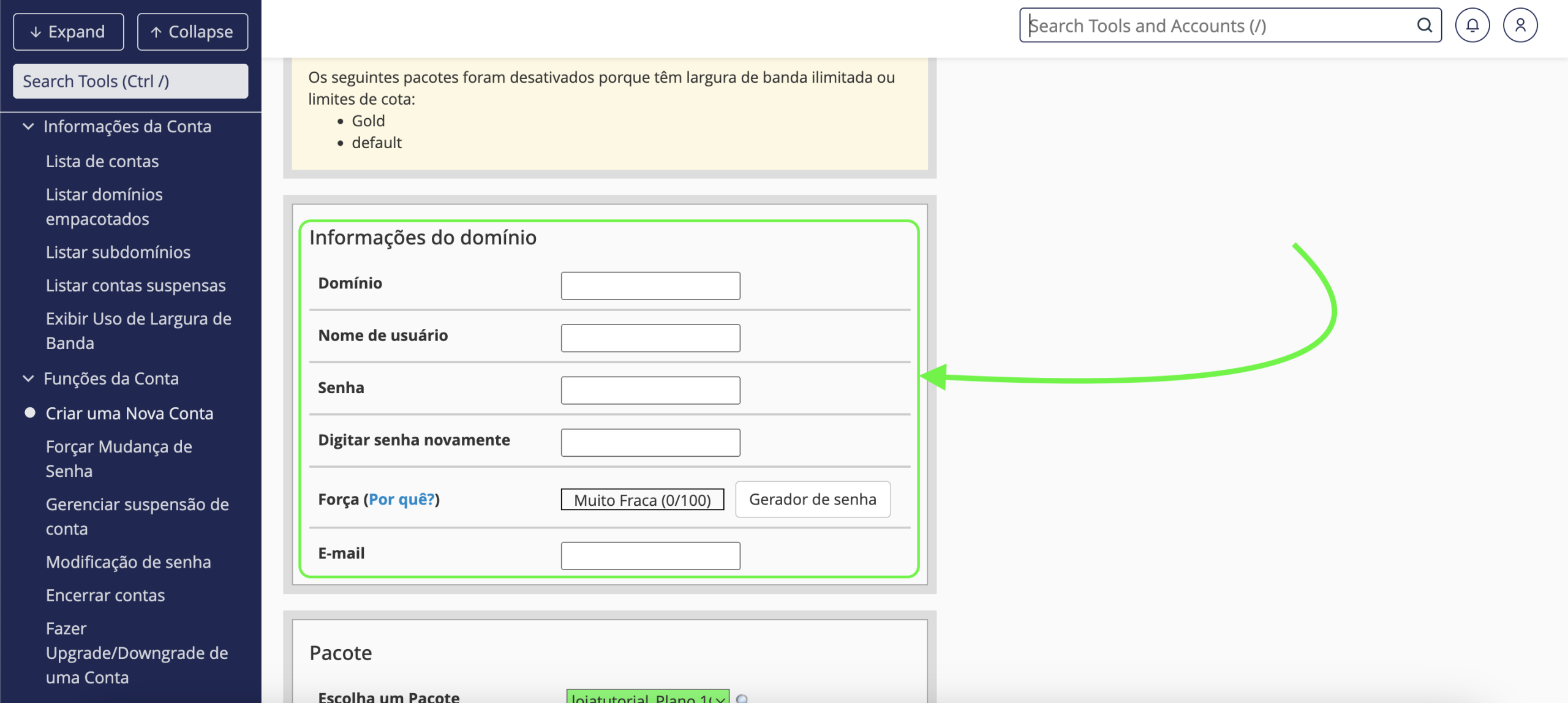 Representação da caixa de "informações do domínio"