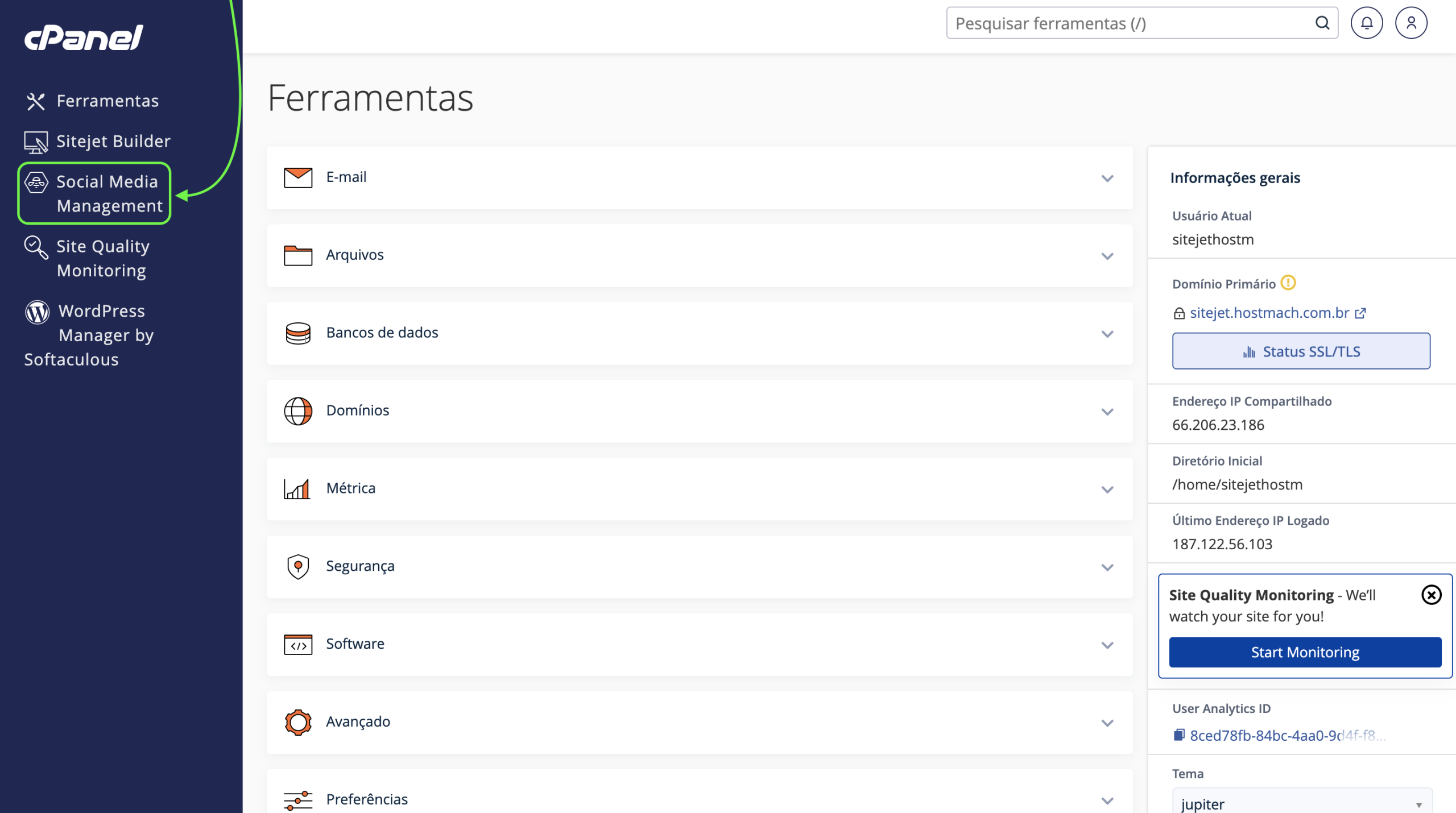 Representação da localização da opção "Gerenciamento de mídia social"