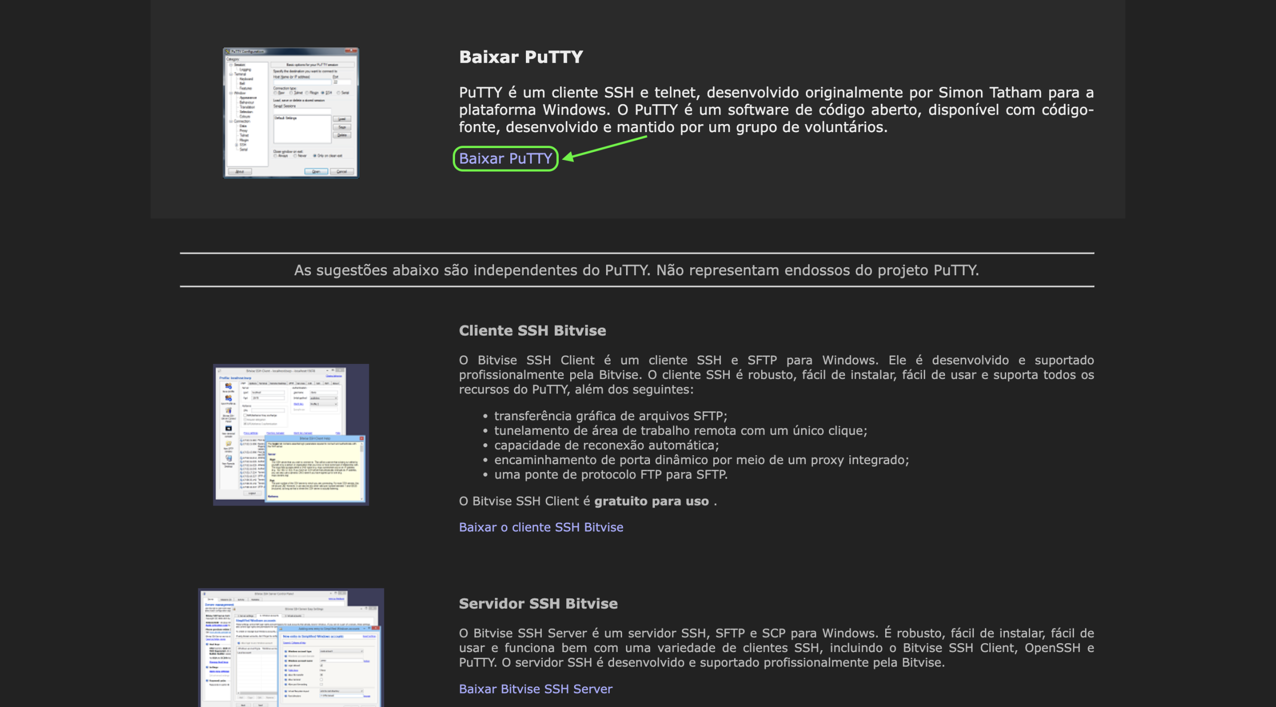 Representação da localização da opção "Download PuTTY"