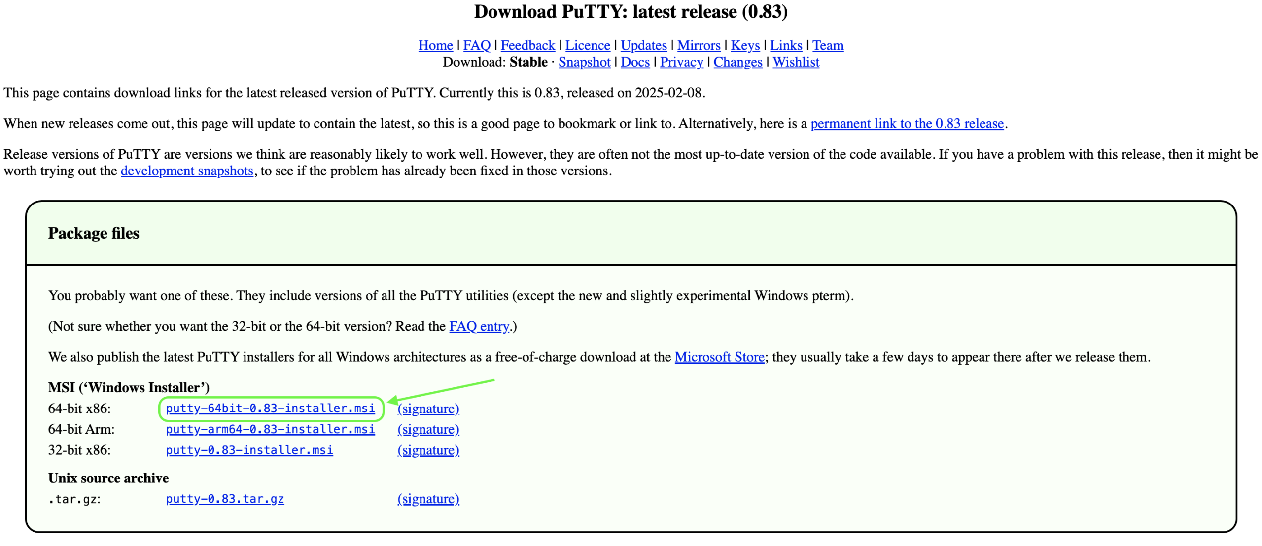 Localização da versão PuTTY 64-bit x86