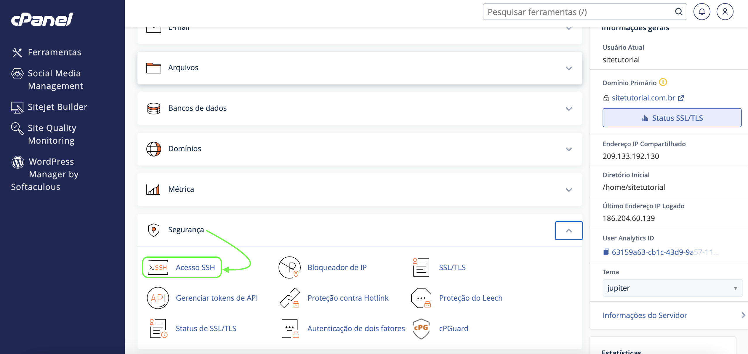 Representação da localização da opção "Acesso SSH"