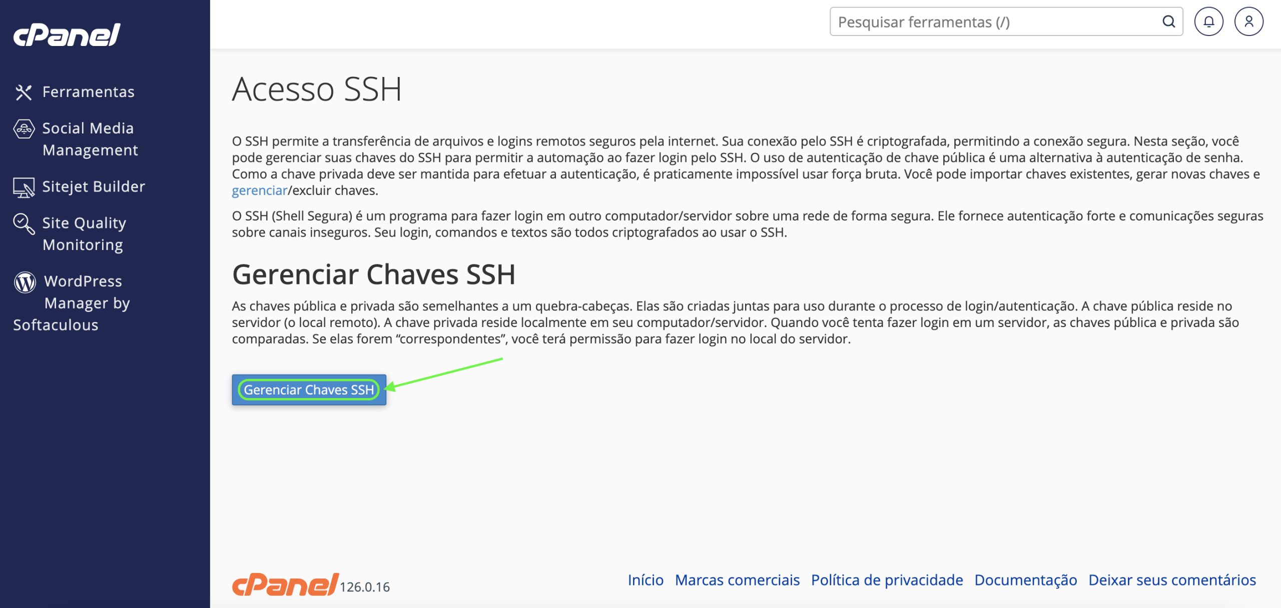 Representação da localização da opção "Gerenciar chaves SSH"