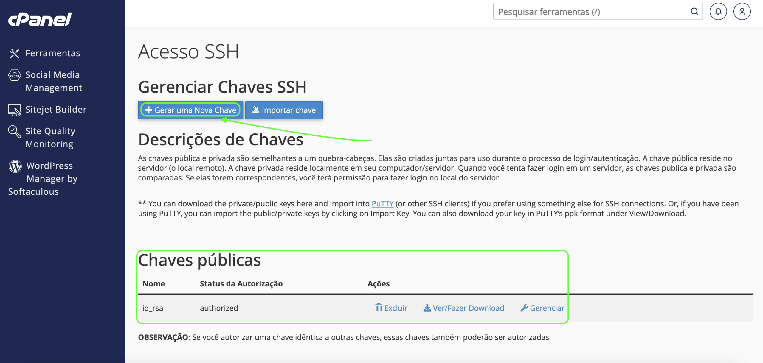 Representação da localização do botão "Gerar uma nova chave"