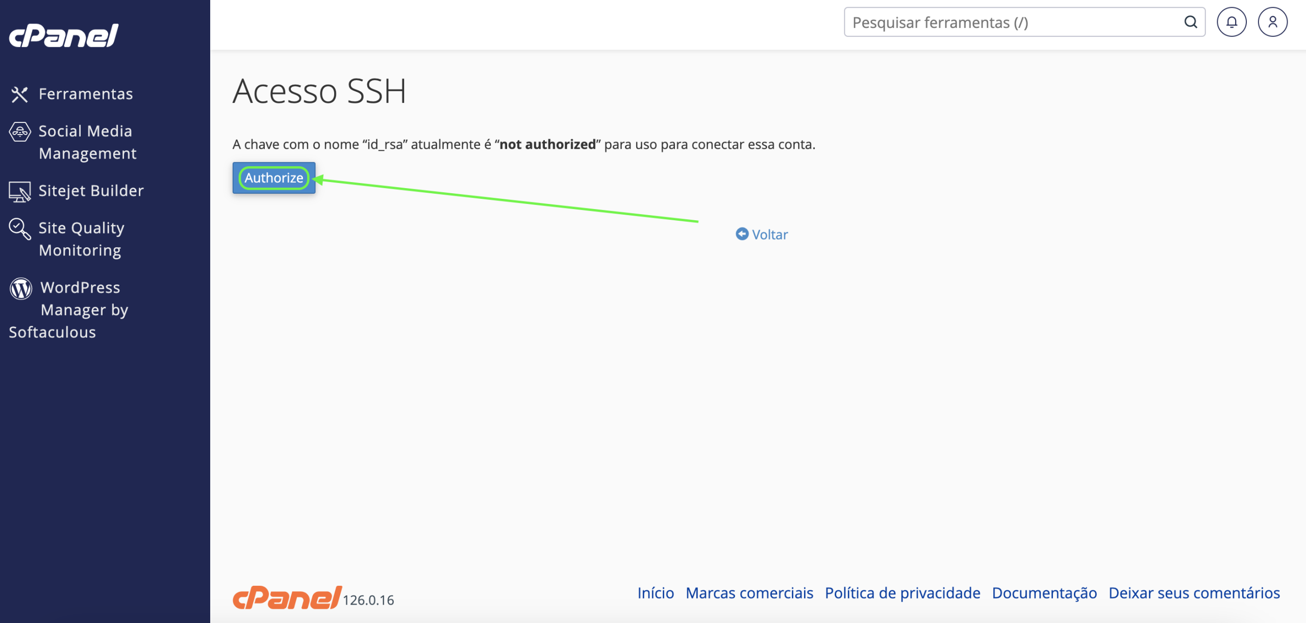 Localização do botão "Authorize"