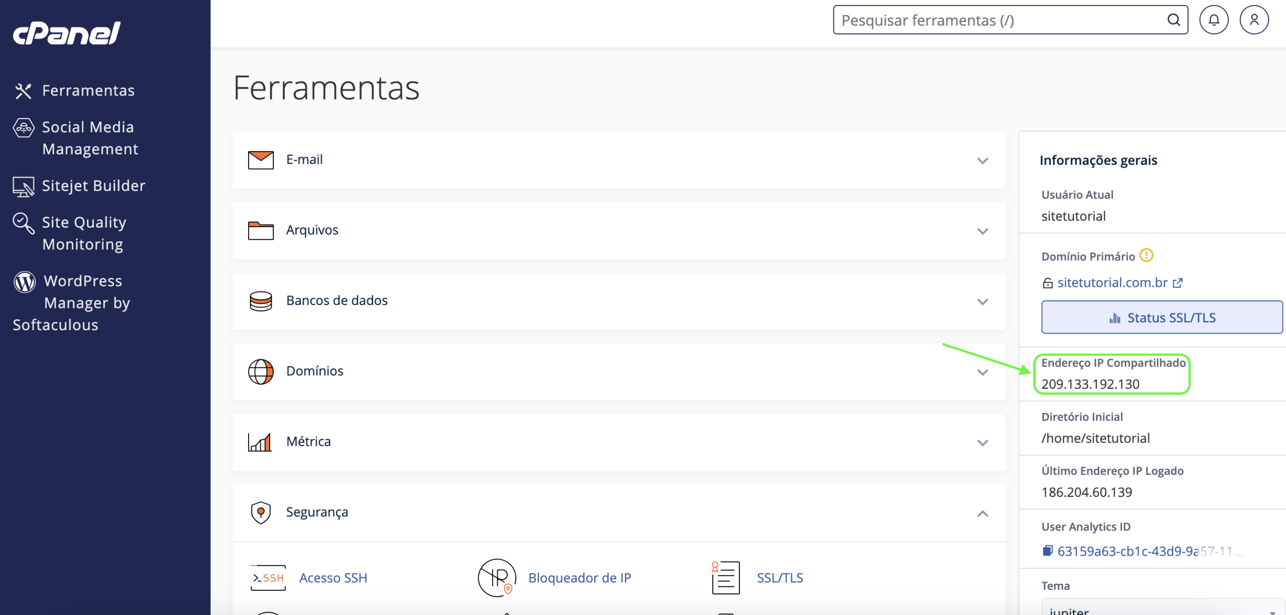 Localização do endereço de IP no cPanel