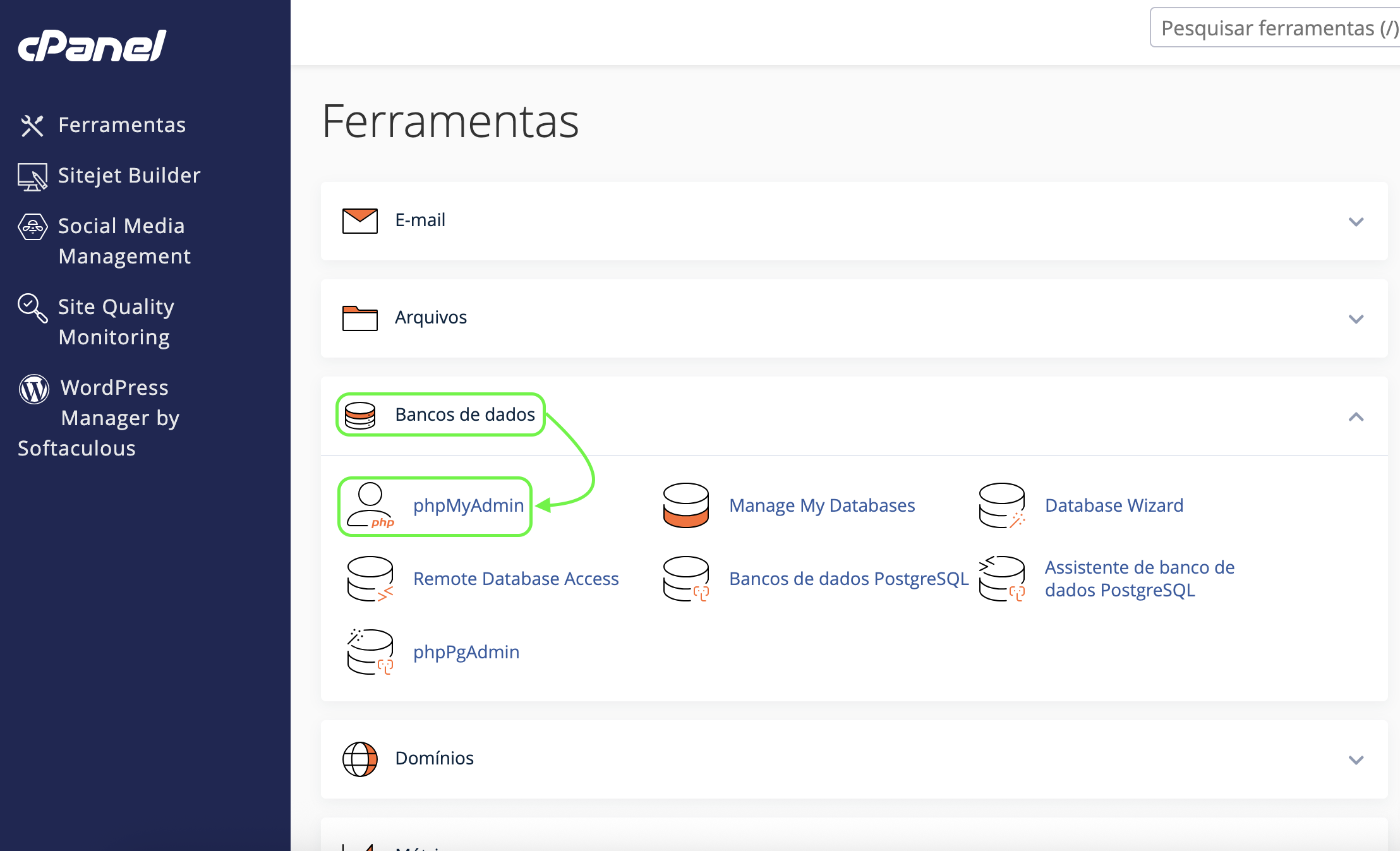 Representação da localização da opção "PHPMyAdmin"