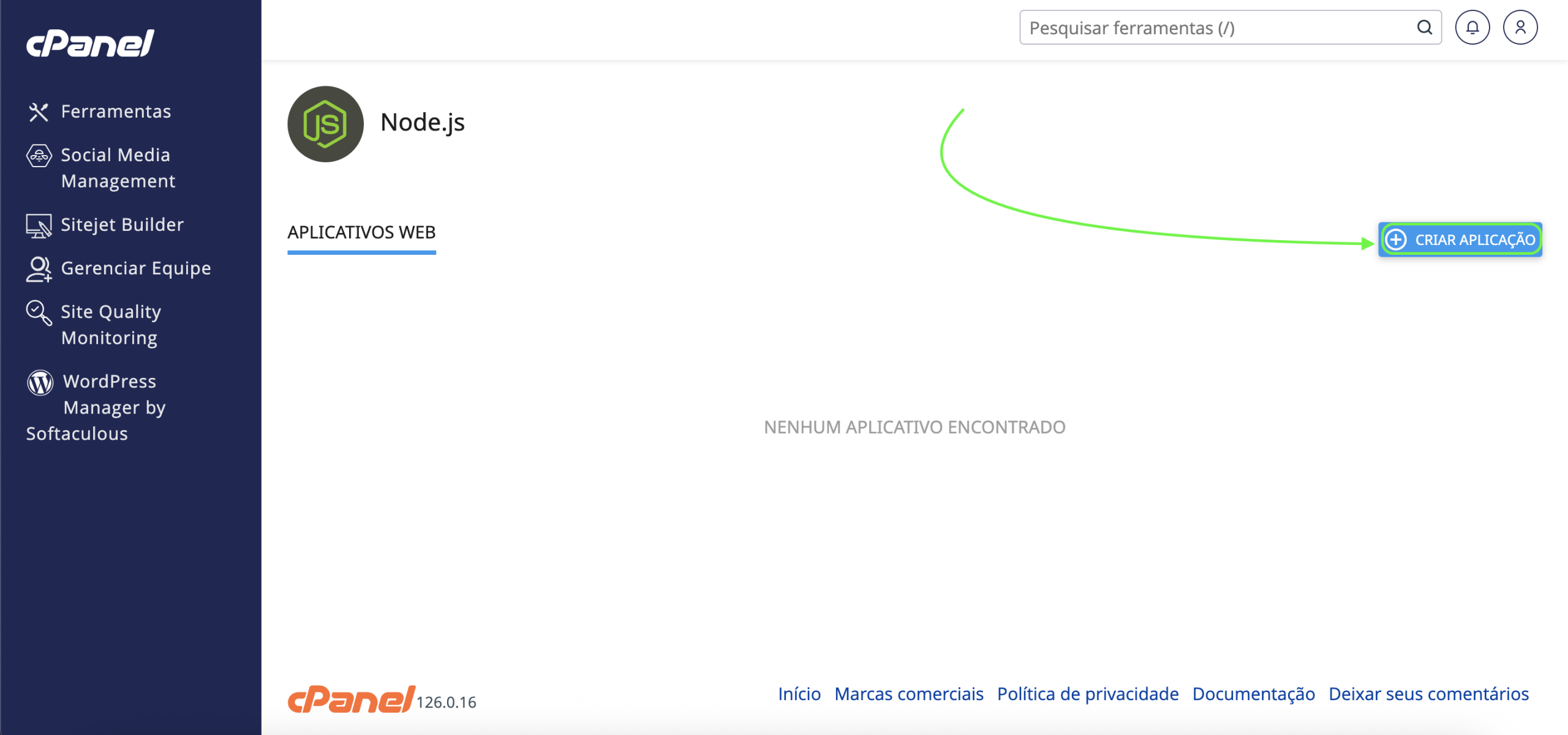 Representação da localização do botão "Criar aplicação"