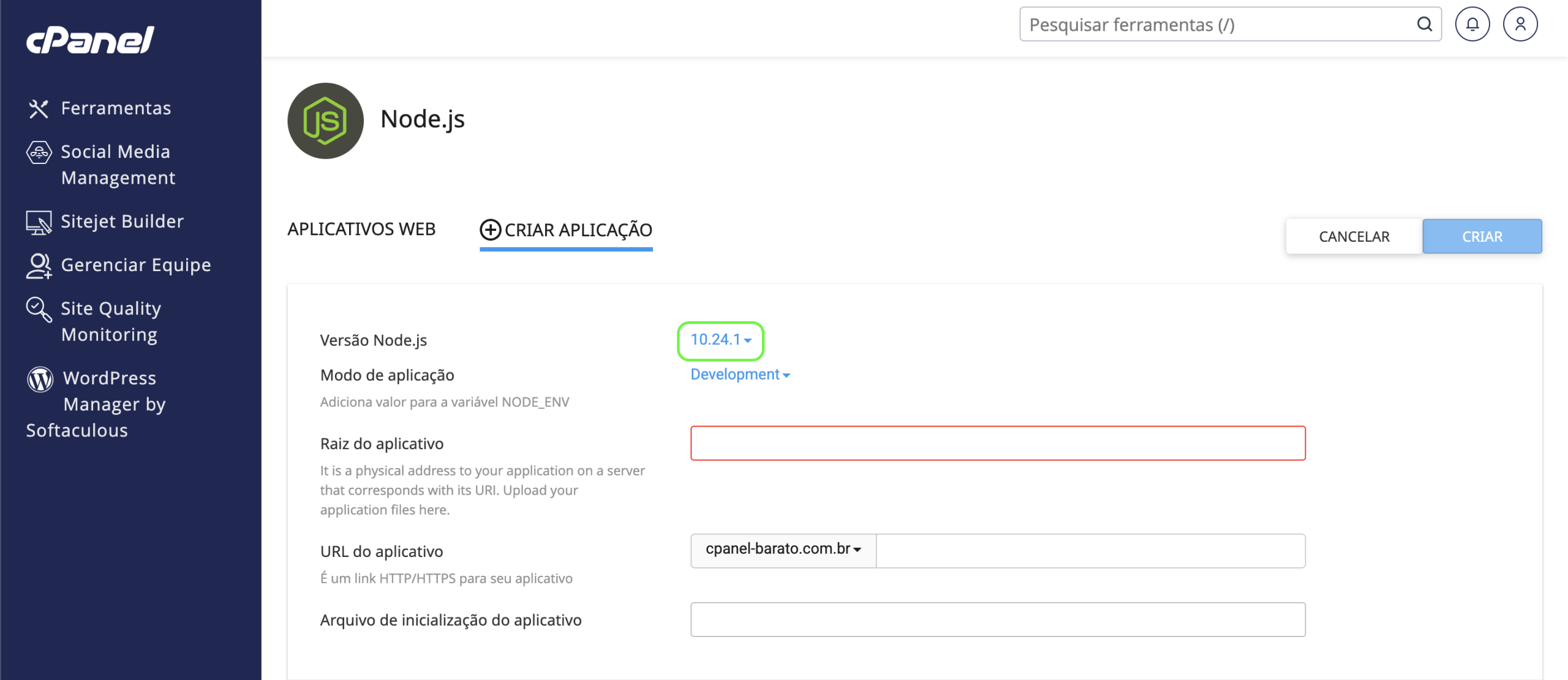 Representação da localização do campo de escolha da versão do NodeJS