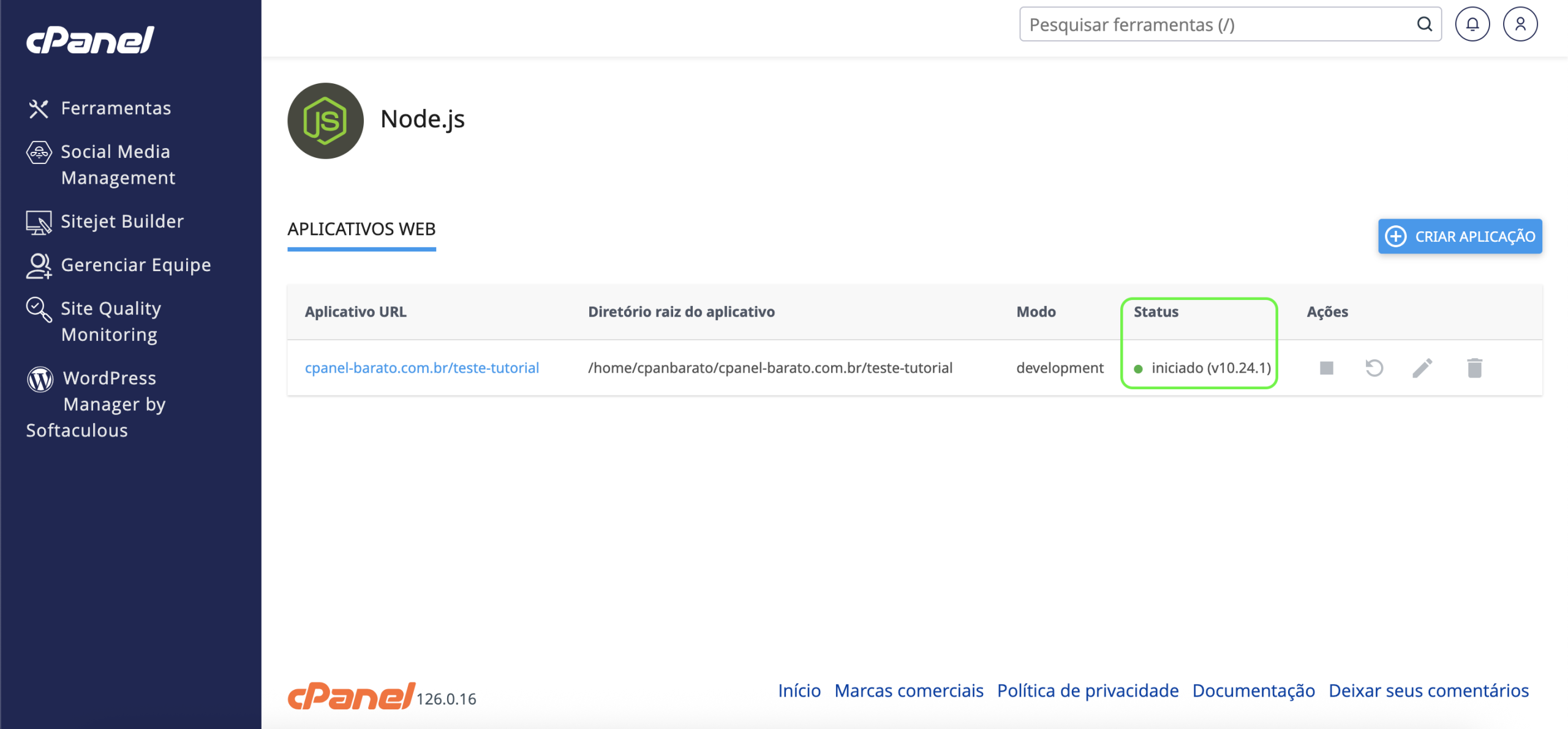 Representação do Status da aplicação