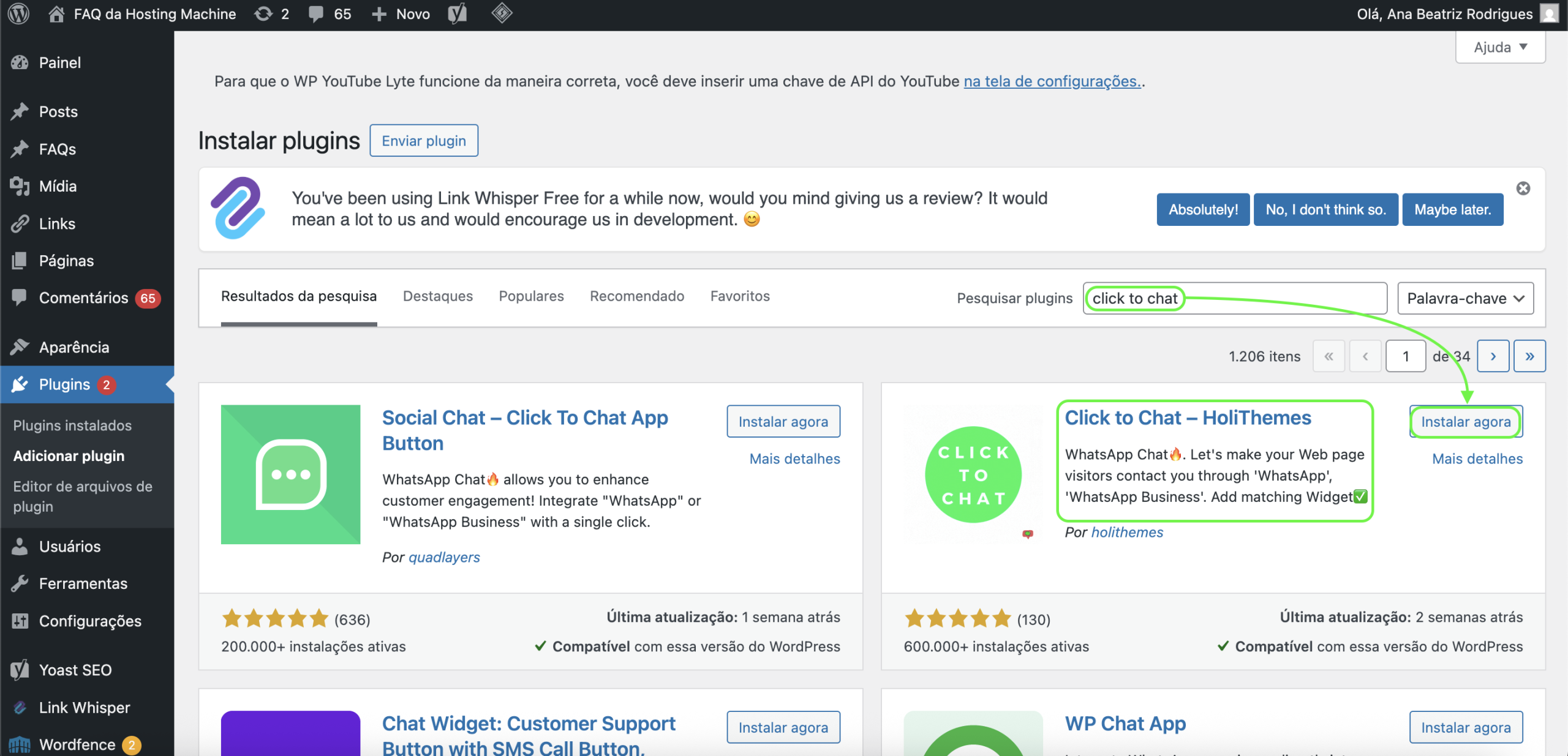 Representação do plugin "Click and Chat" e a localização do botão "Instalar agora"