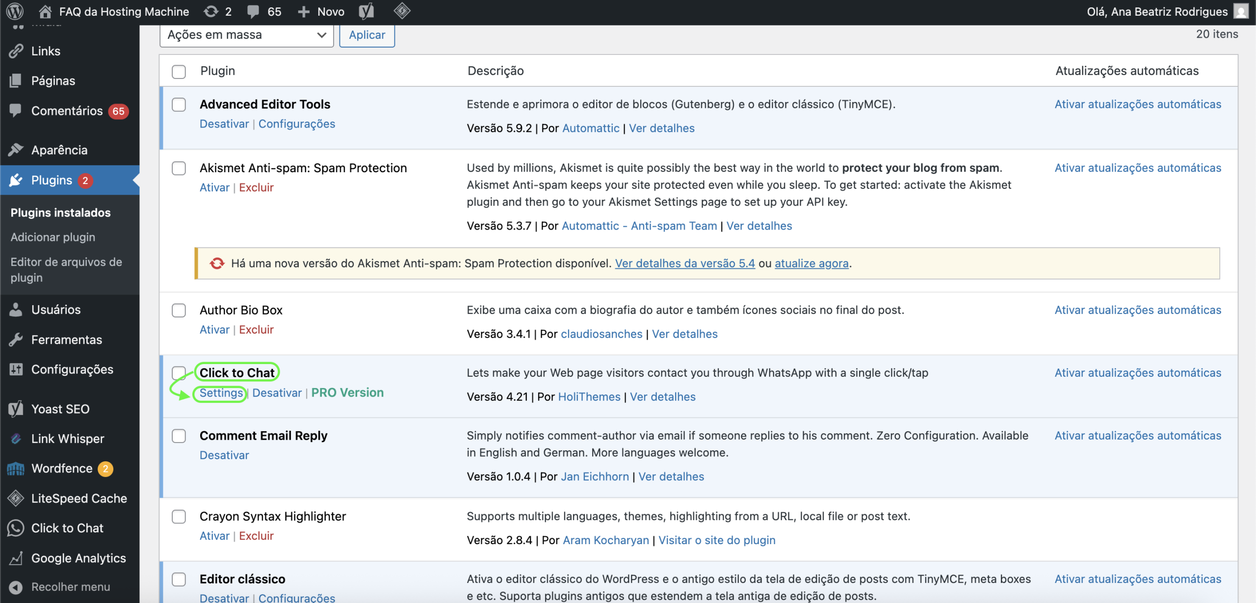 Representação da localização do plugin e do botão "Configurações"