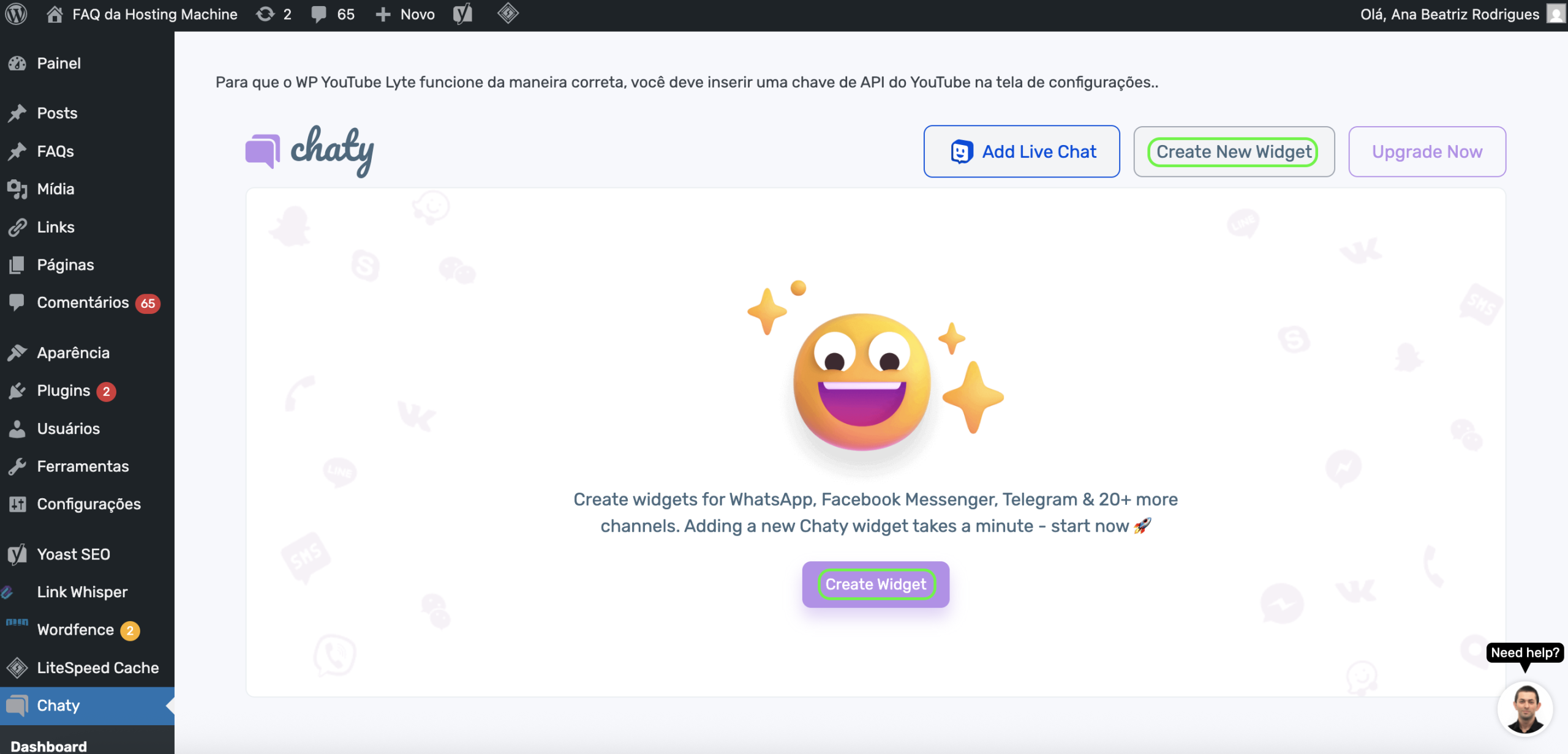Representação da tela inicial do Chatty e a localização do botão "Criar widget novo"