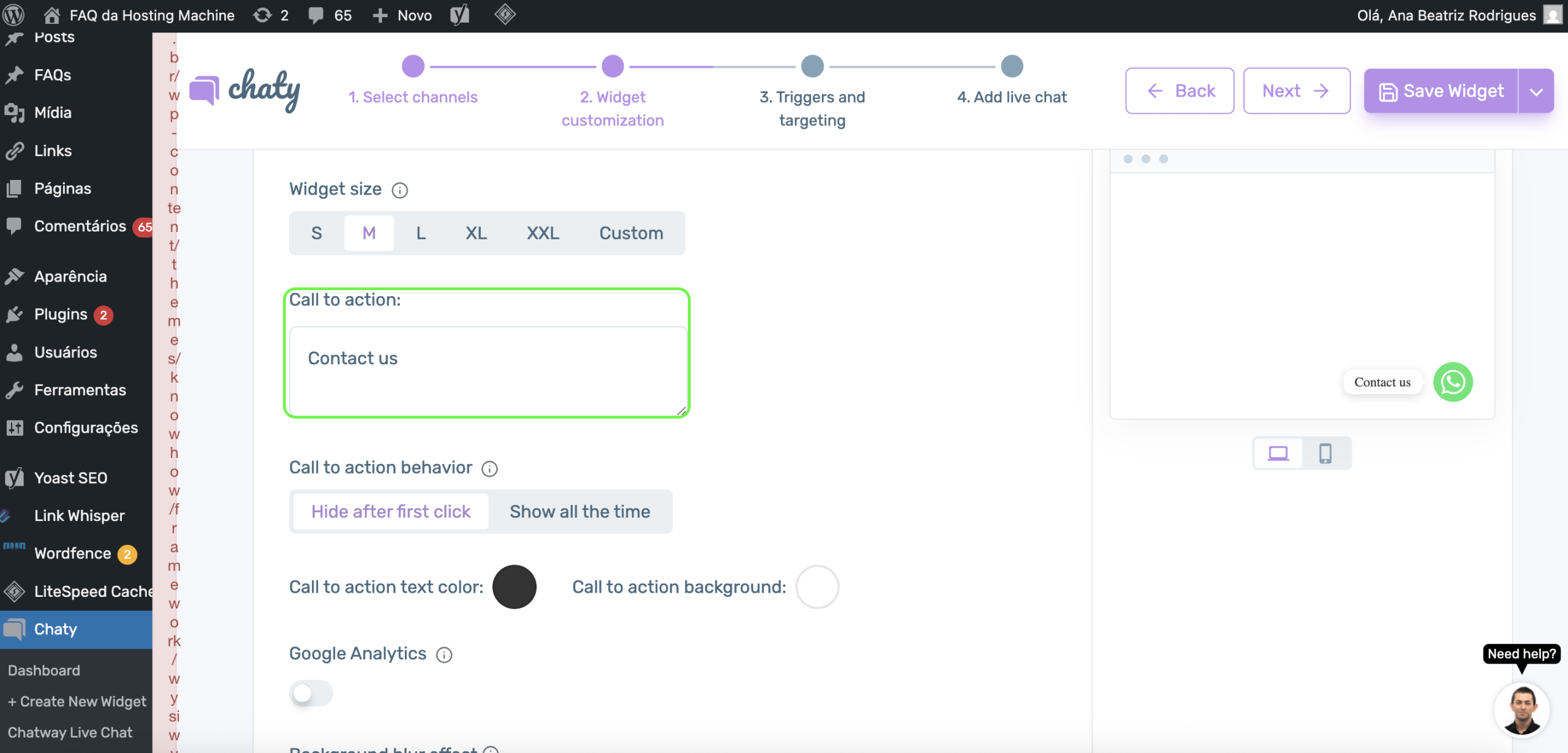 Representação do campo "Call to action"