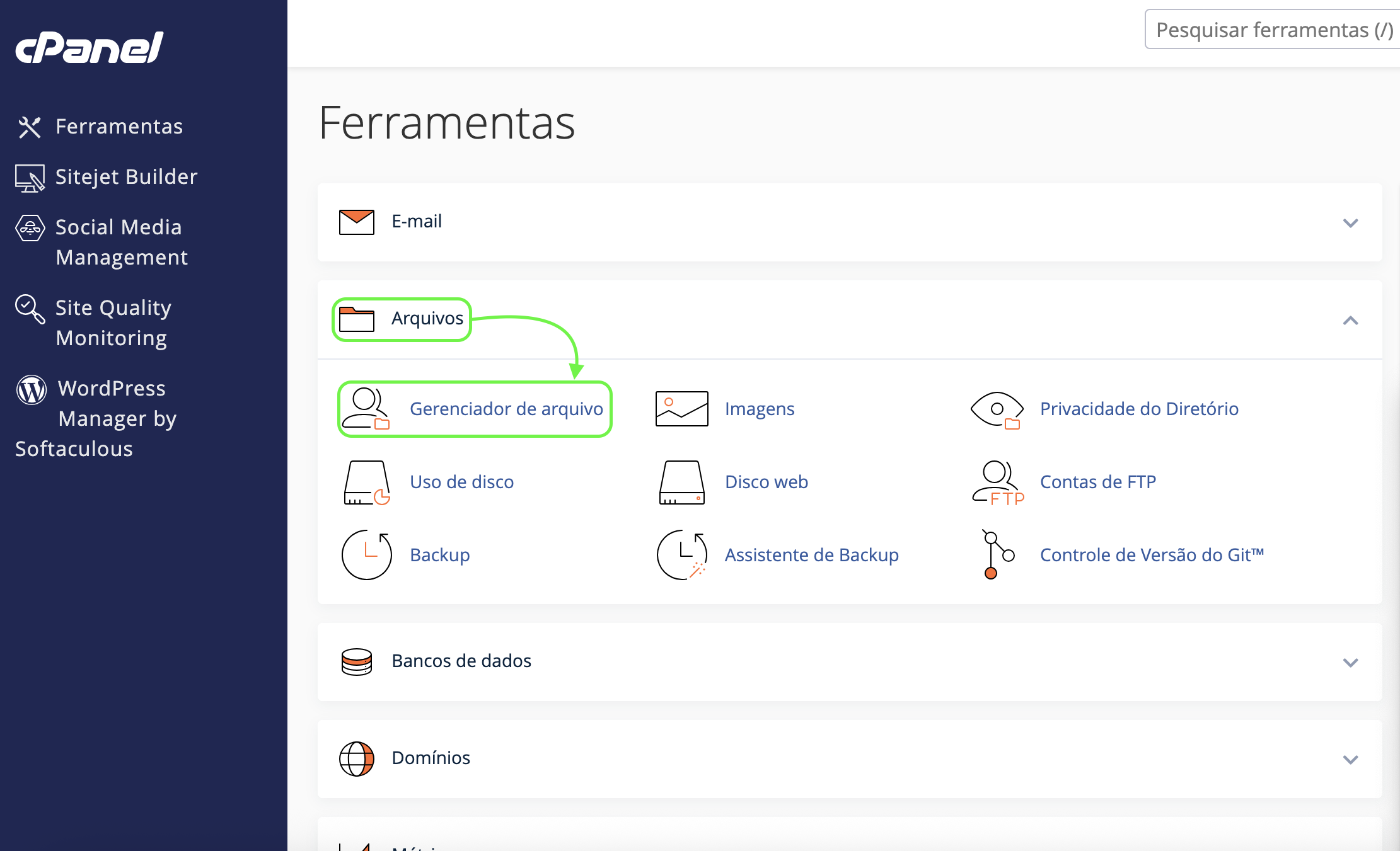 Representação da localização da opção "Gerenciador de arquivos"