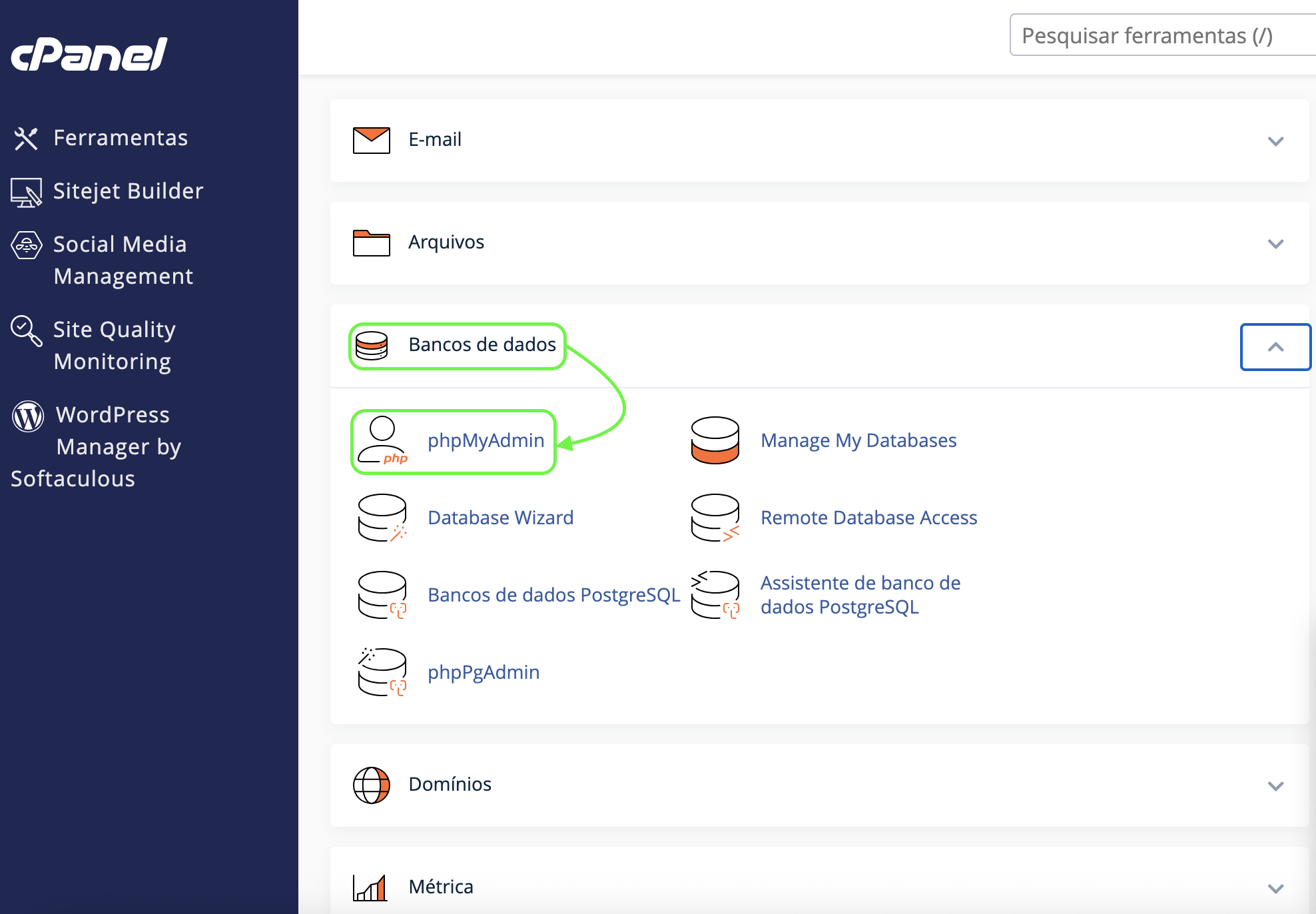 Representação da localização da opção "phpMyAdmin"