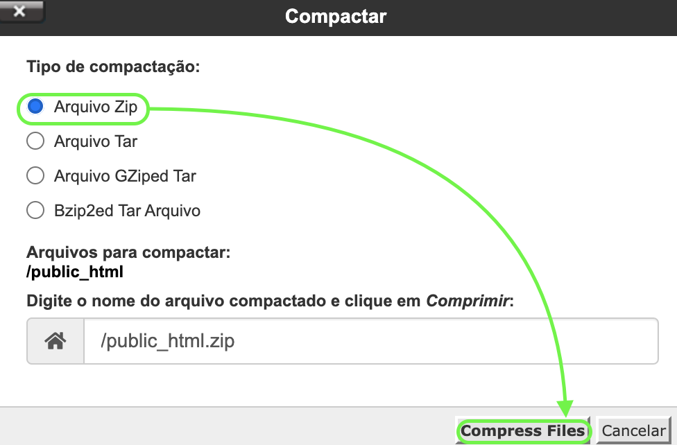 Representação da opção de arquivo ZIP e do botão "Compress file(s)"