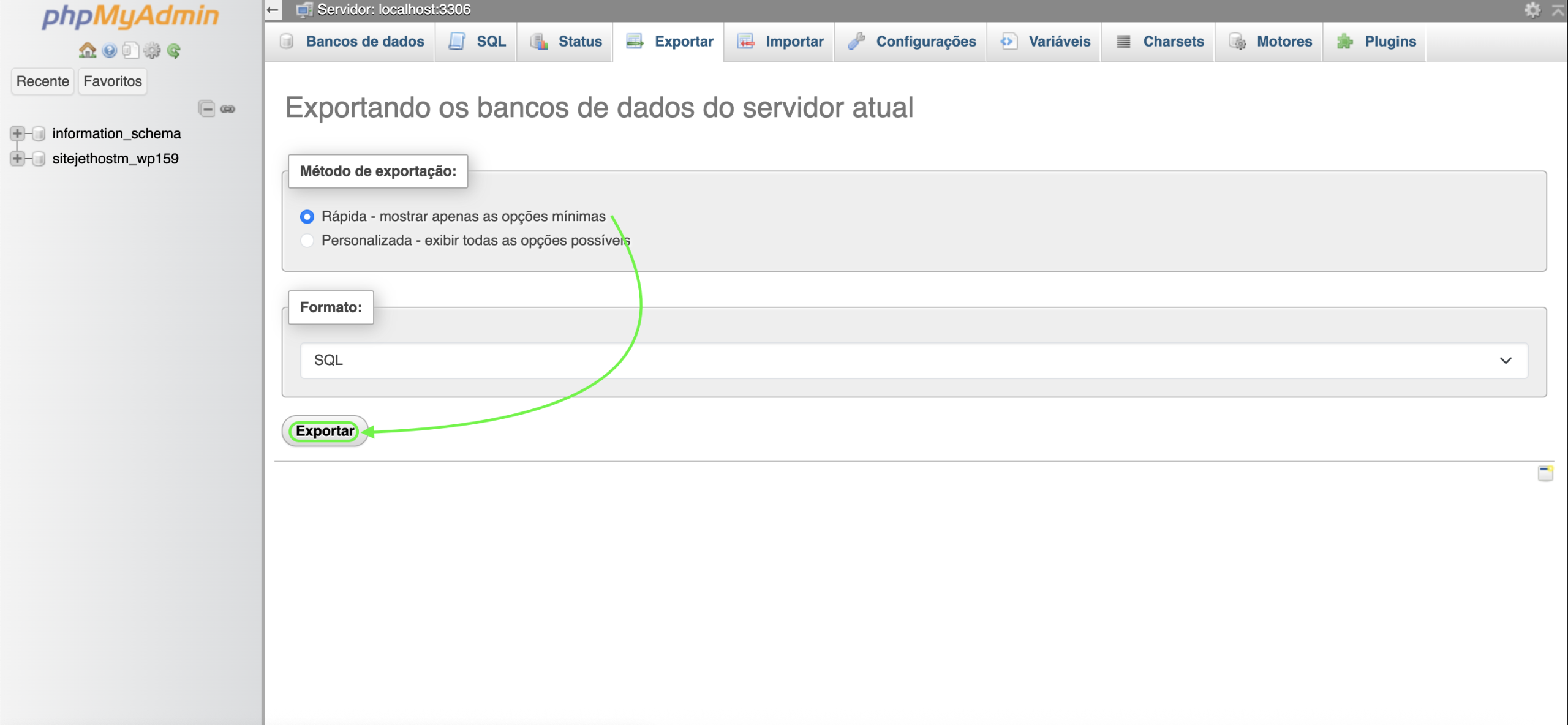 Representação da localização do botão "Exportar"