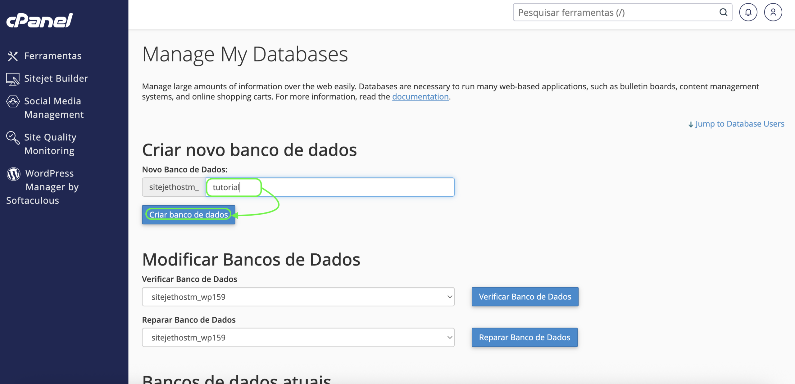 Representação do campo do nome do banco de dados e localização do botão "Criar banco de dados"