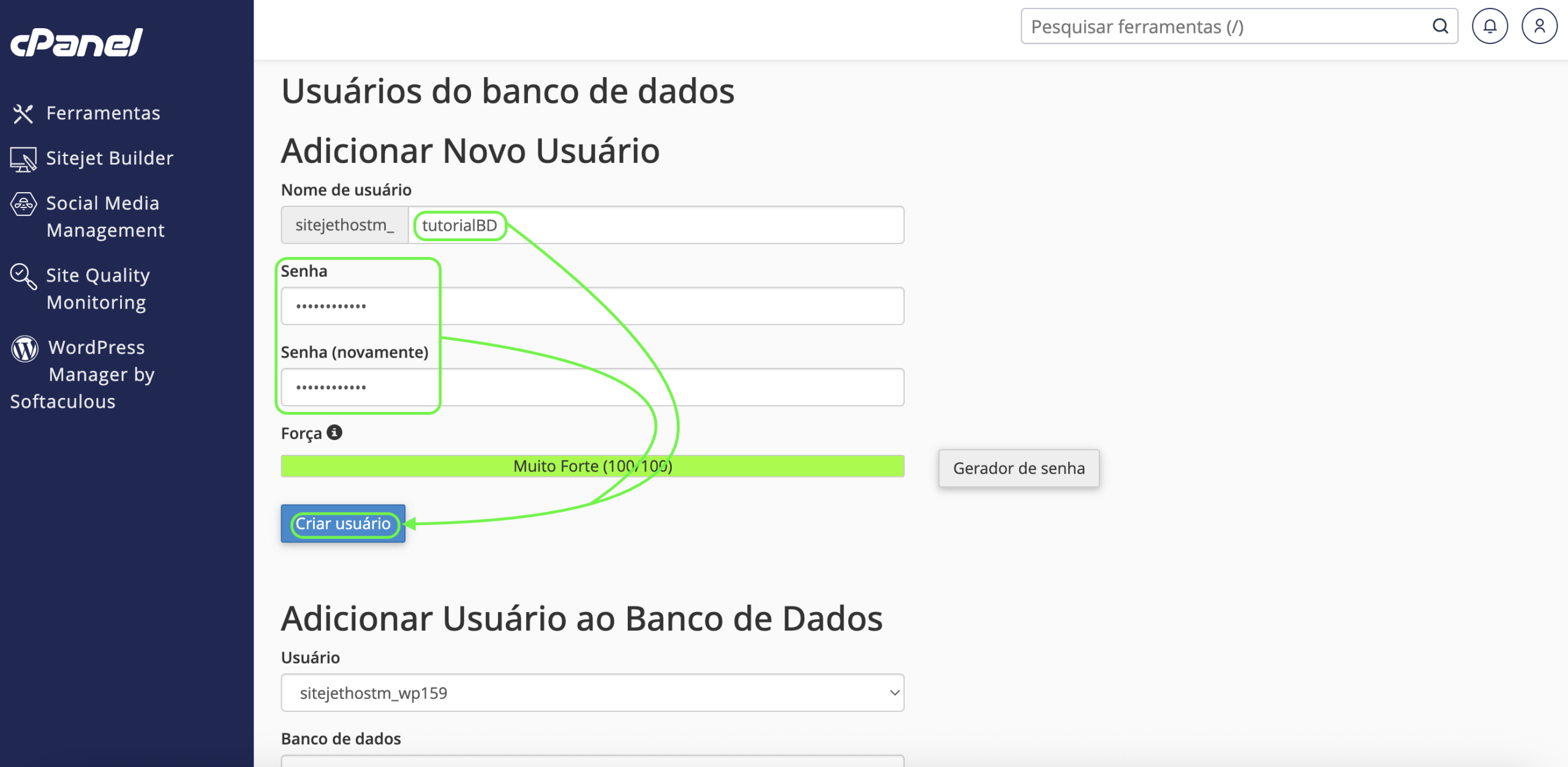 Representação do campo do nome e da senha do usuário e localização do botão "Criar usuário"