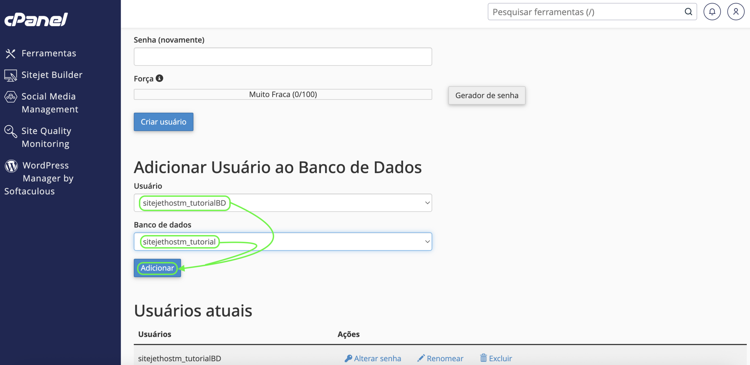 Representação da localização do botão "Adicionar"